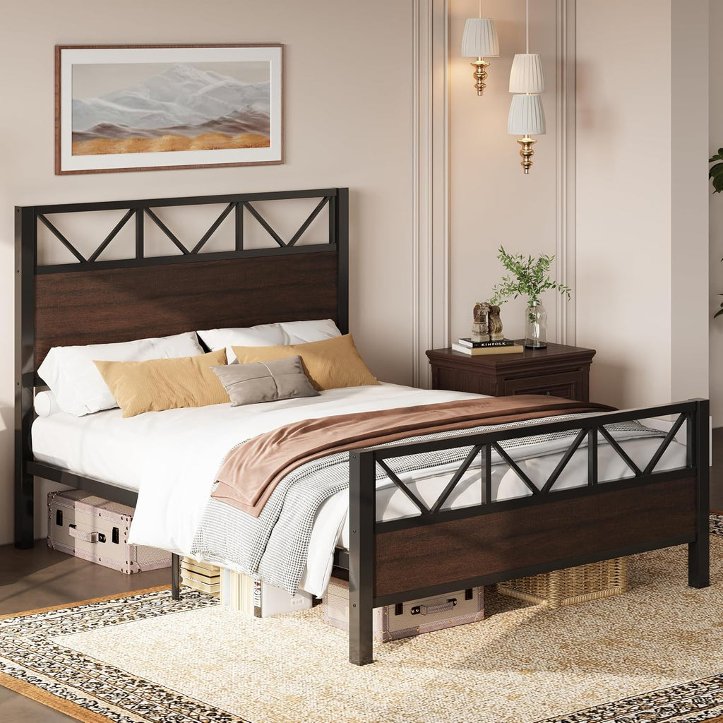 LIKIMIO Queen Bed Frame, Tall Industrial Headboard 51.2 ', Platform Bed Frame with Strong Metal Support, Solid and Stable, Noise Free, No Box Spring Needed, Easy Assembly, Dark Brown