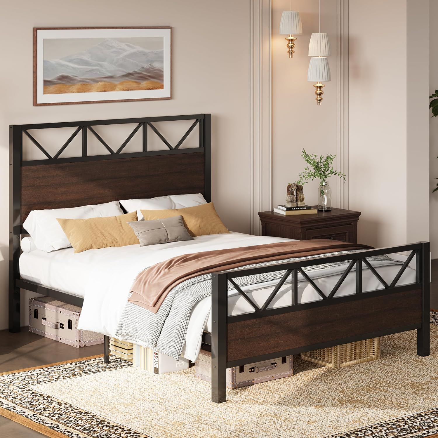 LIKIMIO Queen Bed Frame, Tall Industrial Headboard 51.2 ', Platform Bed Frame with Strong Metal Support, Solid and Stable, Noise Free, No Box Spring Needed, Easy Assembly, Dark Brown
