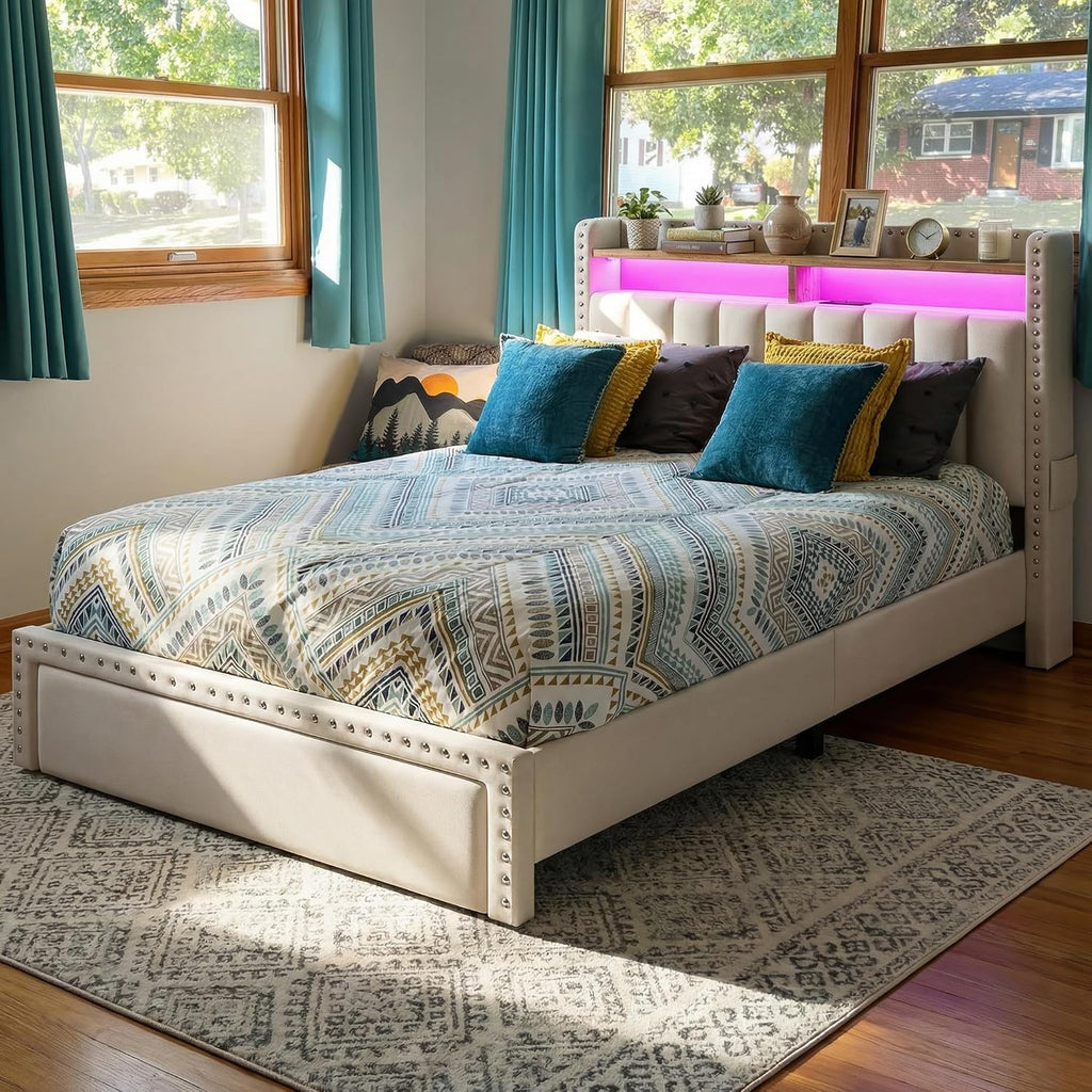 EnHomee Twin Size Bed Frame with One Large Storage Headboard & Charging Station, LED Platform Bed Frame with Storage Drawers, Sturdy Wooden Slats Support, Noise-Free, No Box Spring Needed, Beige
