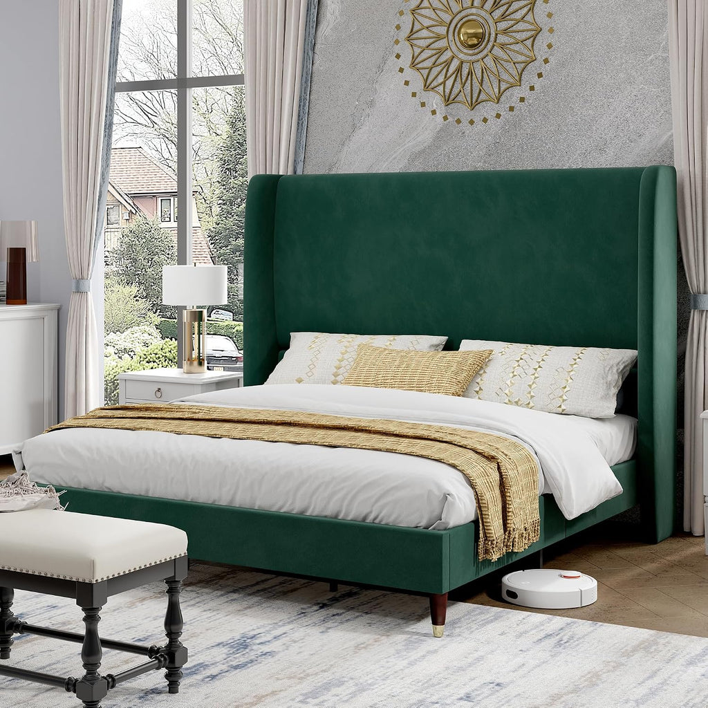 PaPaJet Full Size Bed Frame with 51.2' Wingback Headboard,Velvet Upholstered Platform Bed,Solid Wood Legs,No Box Spring Needed,Noise-Free&Easy Assembly,for Teen Girls, Dorm, Small Bedroom,Green