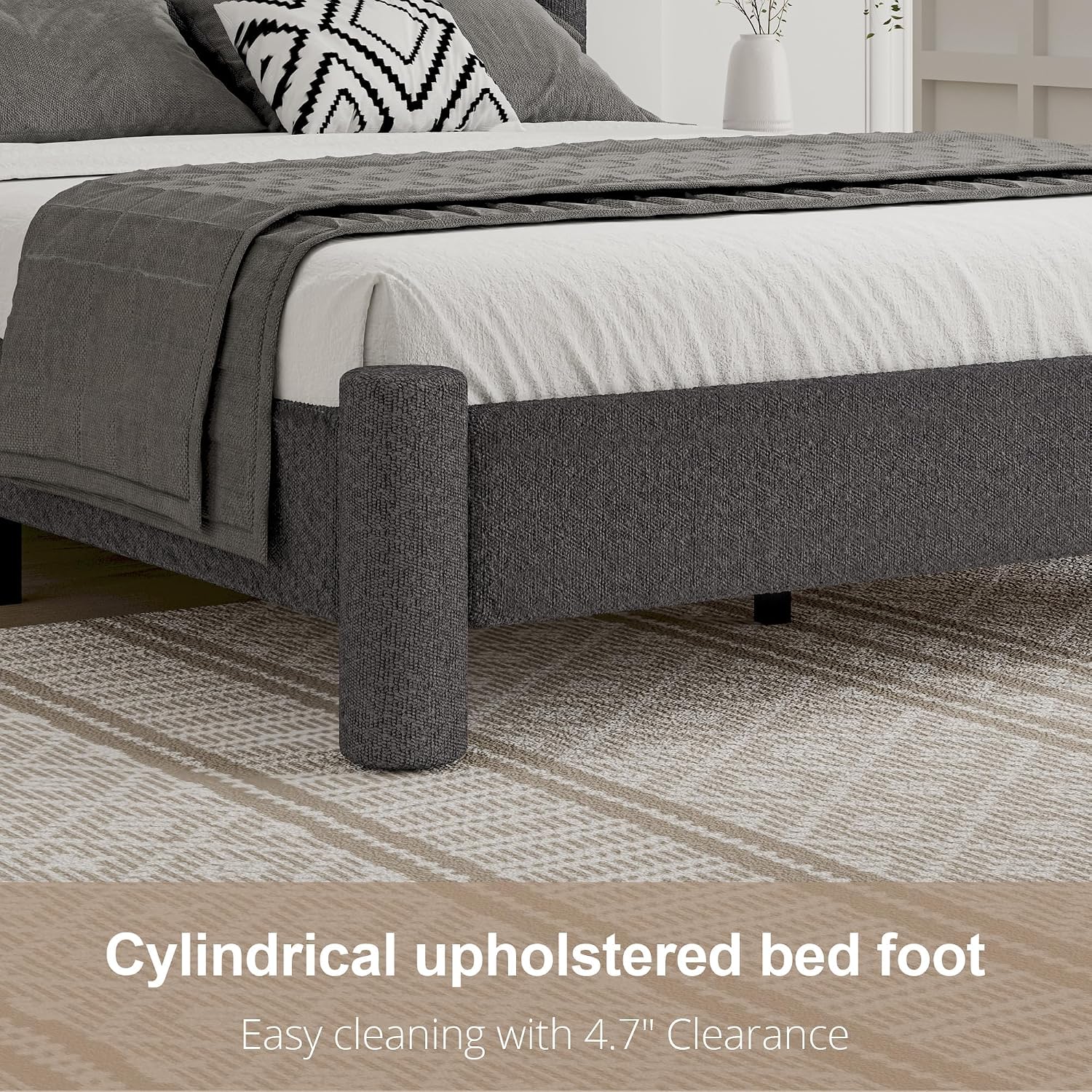 REVOMINCA Full Size Bed Frame, Boucle Upholstered Platform Bed with Headboard and Footboard, Soft Rounded Corners, No Box Spring Required, Easy Assembly, Dark Grey