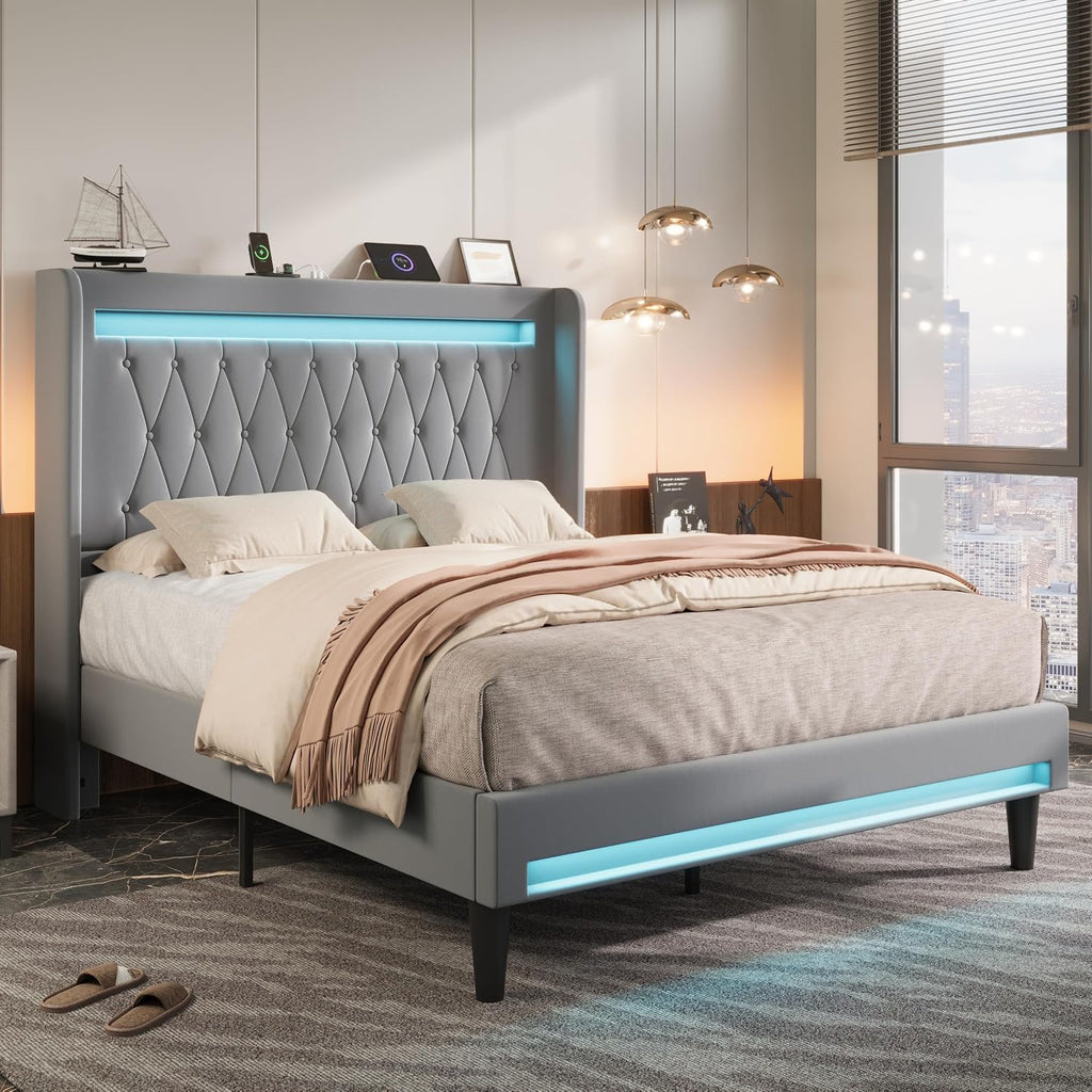 Allewie Upholstered Queen Size Platform Bed Frame with LED Light and Charging Station, Button Tufted High Headboard, Wingback Design, Noise Free, Easy Assembly, No Box Spring Needed, Grey