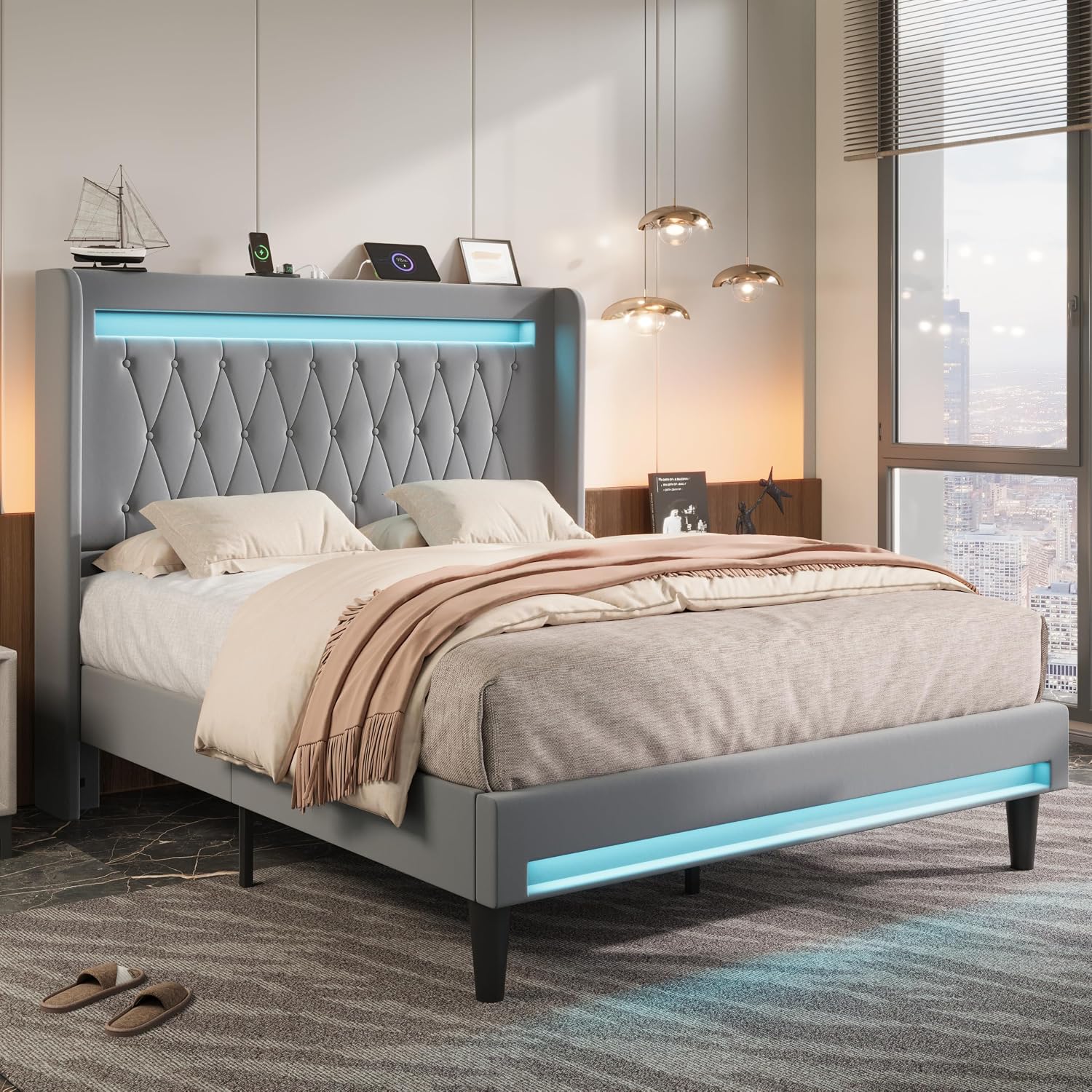 Allewie Upholstered Queen Size Platform Bed Frame with LED Light and Charging Station, Button Tufted High Headboard, Wingback Design, Noise Free, Easy Assembly, No Box Spring Needed, Grey