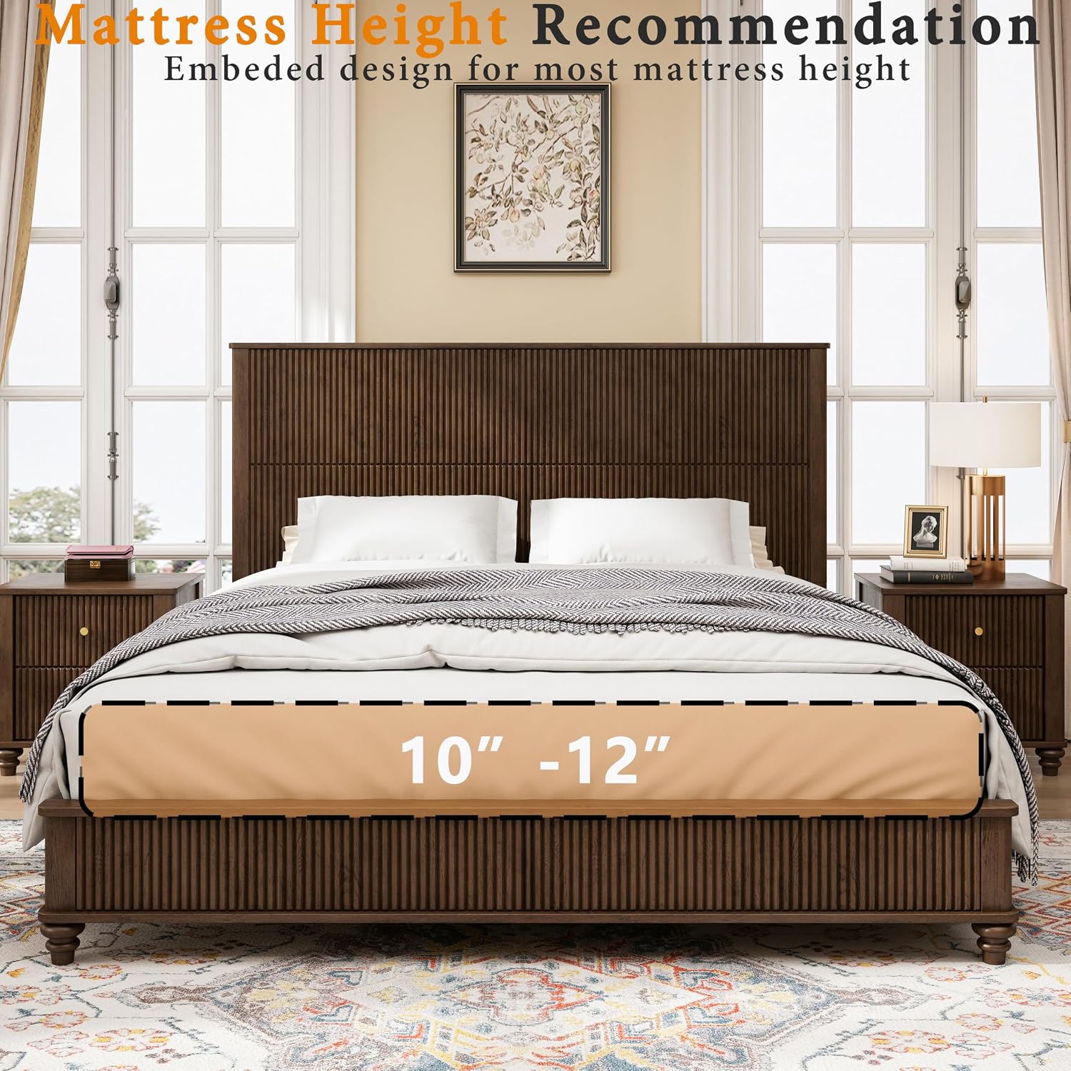 King Size Solid Wood Platform Bed Frame, Wood Platform Bed Frame with 79.13' Headboard, Solid Wood Leg/No Box Spring Needed/Noise Free/Brown