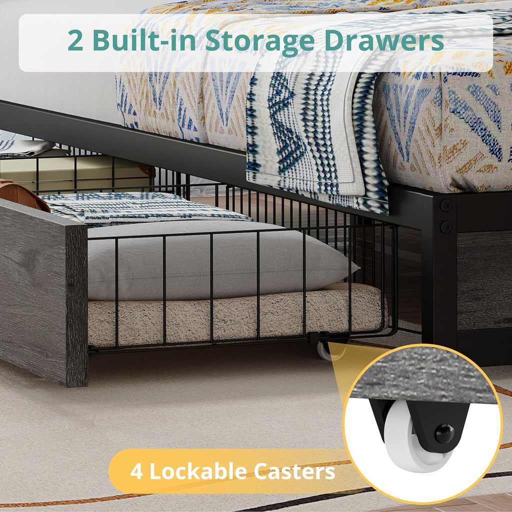 ANCTOR Full Corner Bed Frame with Storage Drawers, Daybed with LED Lights and Charging Station, No Box Spring Needed, Heavy Duty, Easy Assembly for Living Room, Bedroom and Guest Room, Grey | Heavy Duty Bed