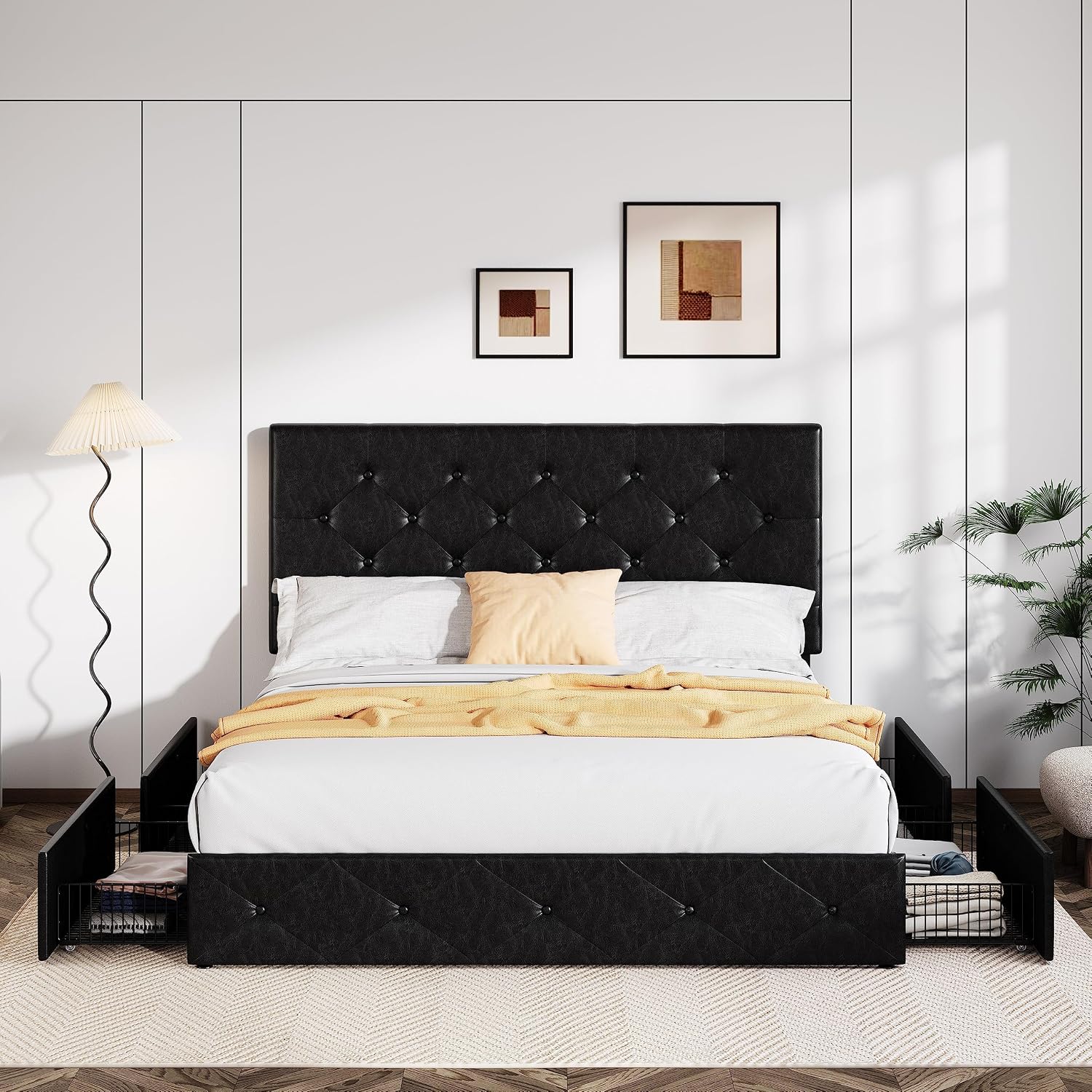Allewie Upholstered Queen Size Platform Bed Frame with 4 Storage Drawers and Headboard, Diamond Stitched Button Tufted, Mattress Foundation with Wooden Slats Support, No Box Spring Needed, Black