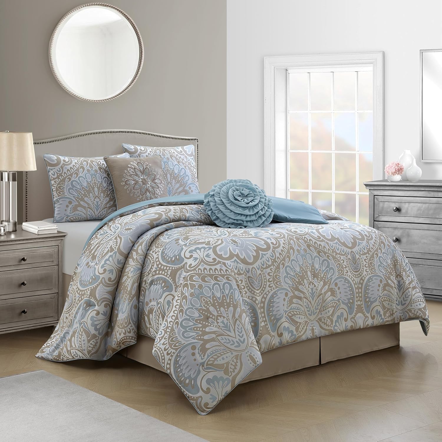 Stratford Park 6-Piece Blue Gold Comforter Set for Girls, Queen Size, Elegent Floral Bedding Set, Jacquard Design, Matching Bedskirt, Pillows & Shams