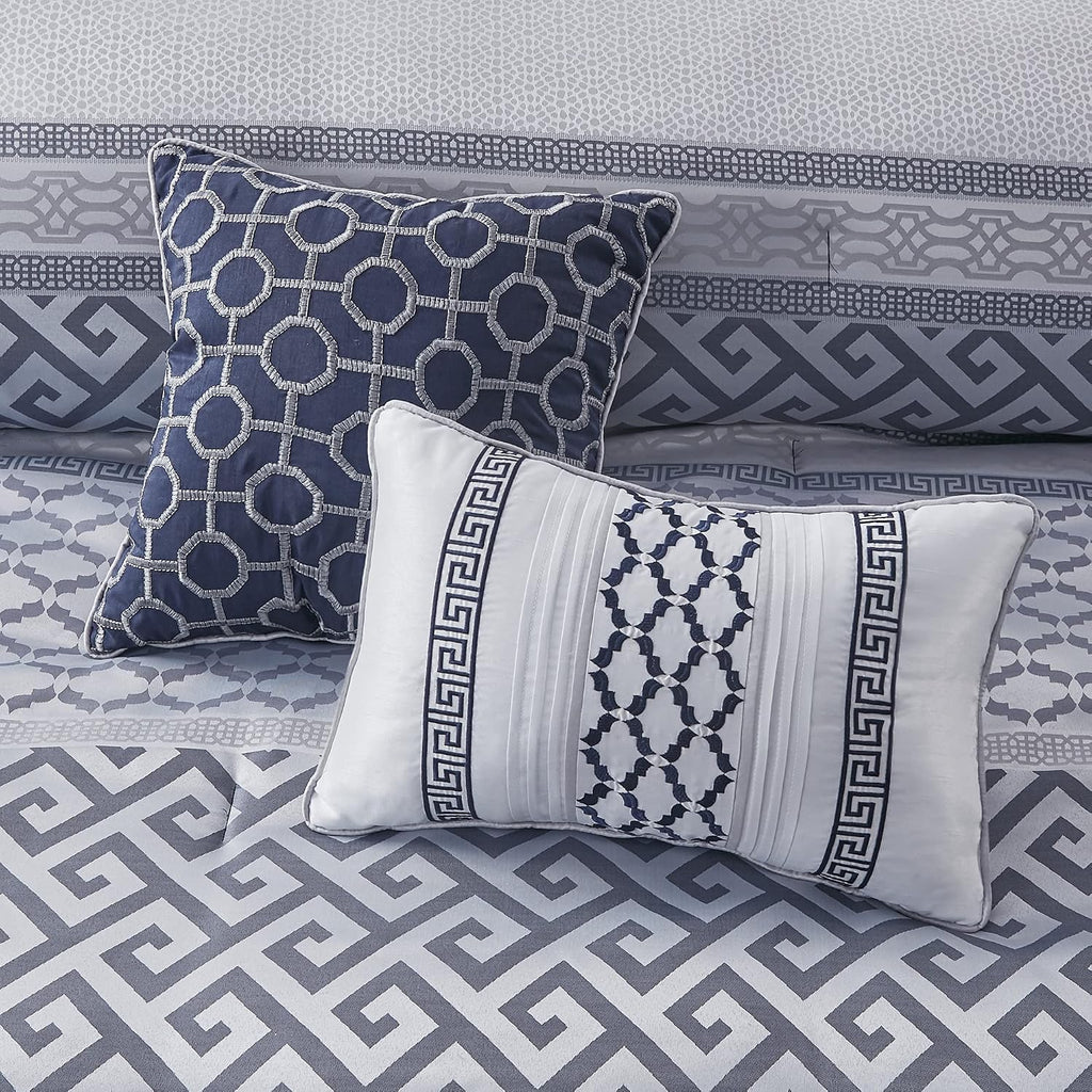 Madison Park Luxury Comforter Set-Traditional Jacquard Design All Season Down Alternative Bedding, Matching Bedskirt, Decorative Pillows, King(104'x92'), Bennett, Geometric Navy 7 Piece