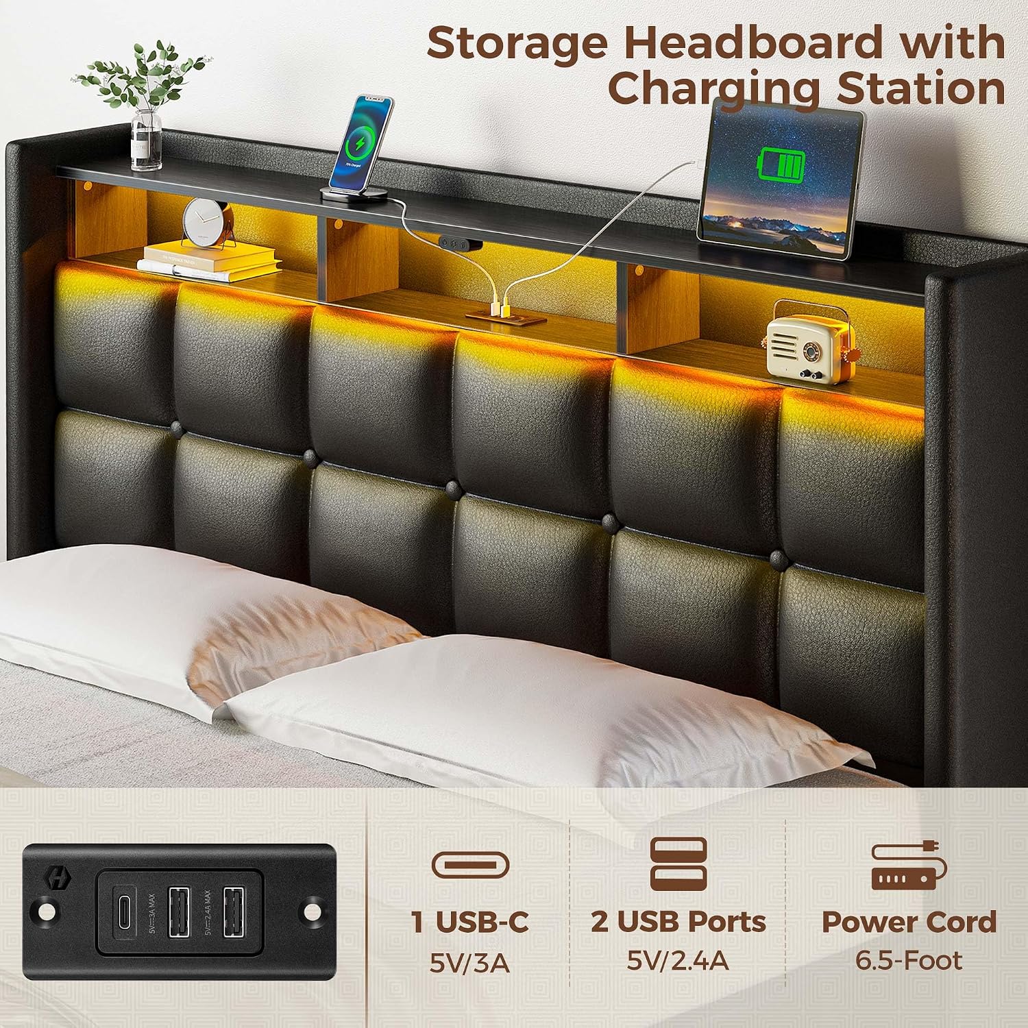 Rolanstar Bed Frame Twin Size with Lift Up Storage, Charging Station & LED Lights, Upholstered Storage Headboard, Heavy Duty Wooden Slats, No Box Spring Needed, Noise Free, Easy Assembly, Black