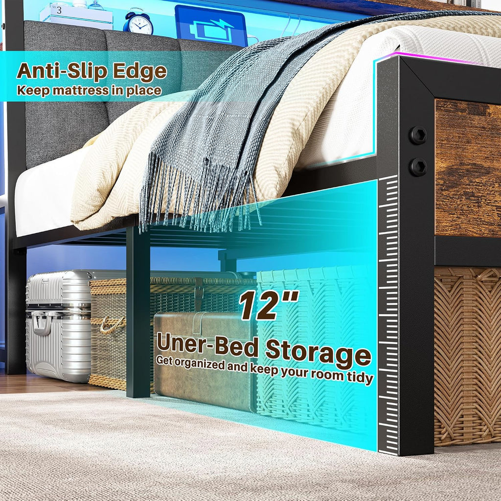 Full Size Bed Frame with Charging Station,Bed Frame Full Size with LED Linghts Have Upholstered Storage Headboard and 12' Under-Bed Storage, Providing Noise-Free and No-Sliding Support,Vintage Brown