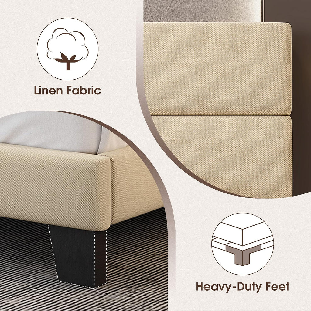 WEEWAY King Bed Frame Platform Bed with Linen Fabric Upholstered Headboard and Wooden Slats Support, Heavy Duty Mattress Foundation, No Box Spring Needed, Easy Assembly, Beige