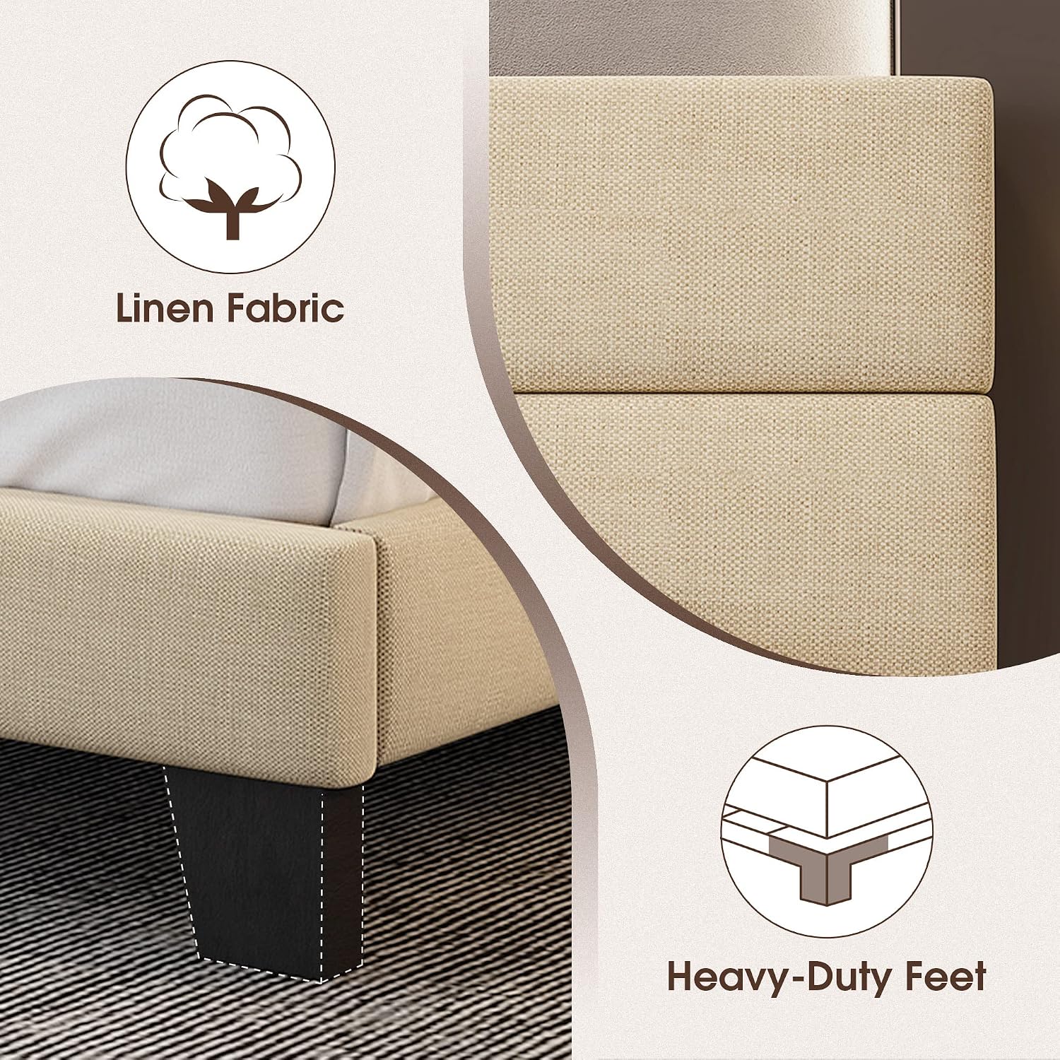WEEWAY King Bed Frame Platform Bed with Linen Fabric Upholstered Headboard and Wooden Slats Support, Heavy Duty Mattress Foundation, No Box Spring Needed, Easy Assembly, Beige