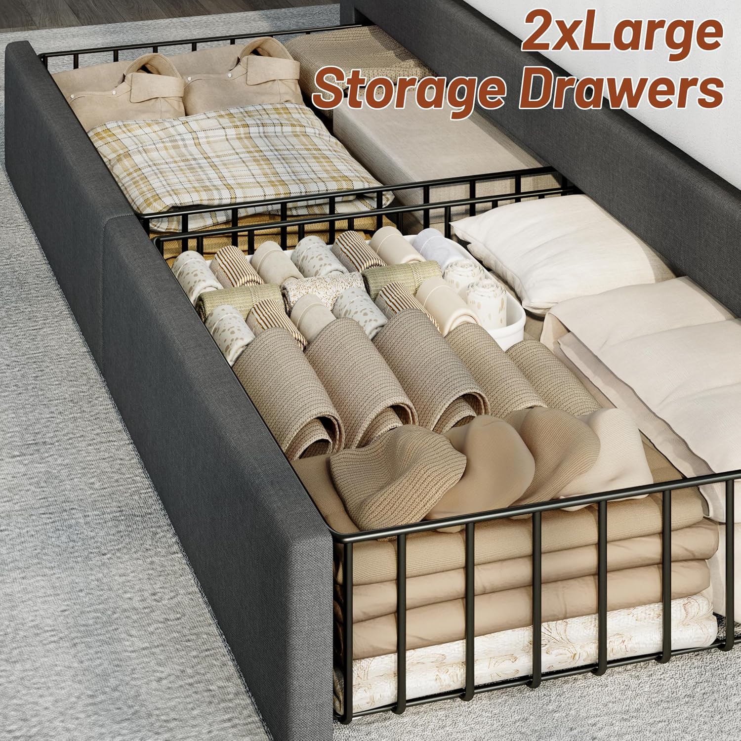 CypBed Full Size Upholstered Platform Bed Frame with 2-Tier Storage Headboard, USB & Type-C Charging Ports, 2 Storage Drawers, Solid Wood Slats, No Box Spring Needed, No-Noise, Dark Grey
