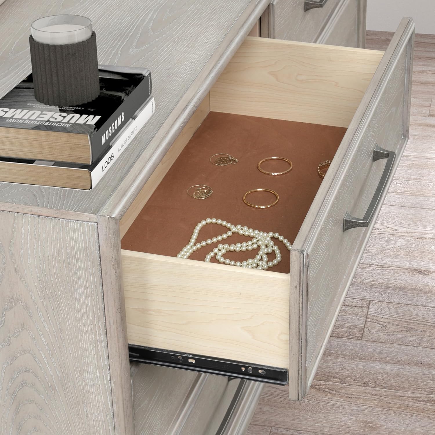 Roundhill Furniture Seluna 4-Piece Bedroom Set with Touch LED Lighting, Gray Oak Finish, King