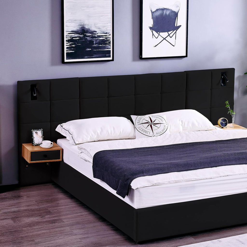 Luxury Velvet King Size Bed Frame with Hydraulic Lift and Storage, Built-in LED Lights, USB Charging Station & 2 Shelves, No Box Spring Needed Platform Bed (Black)