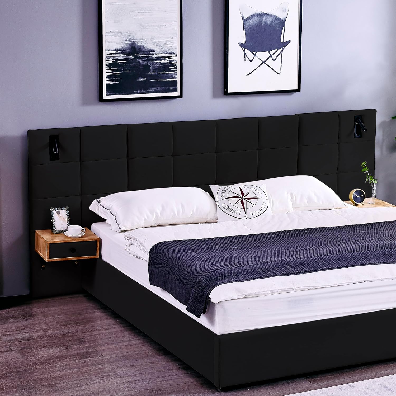 Luxury Velvet King Size Bed Frame with Hydraulic Lift and Storage, Built-in LED Lights, USB Charging Station & 2 Shelves, No Box Spring Needed Platform Bed (Black)