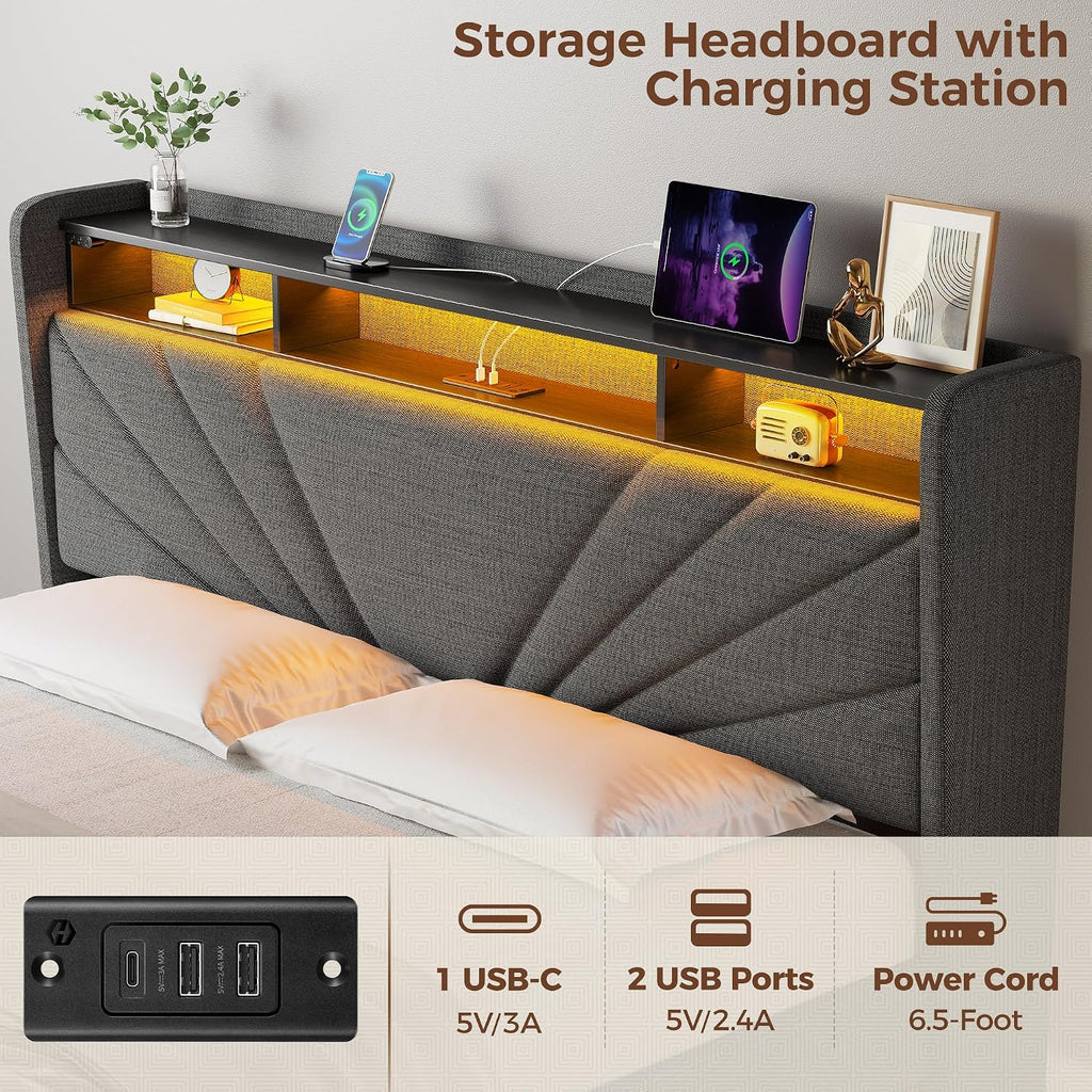 Rolanstar Full Size Bed Frame, Storage Headboard with Charging Station and LED Lights, Upholstered Bed with Heavy Duty Wood Slats, No Box Spring Needed, Noise Free, Easy Assembly, Dark Grey