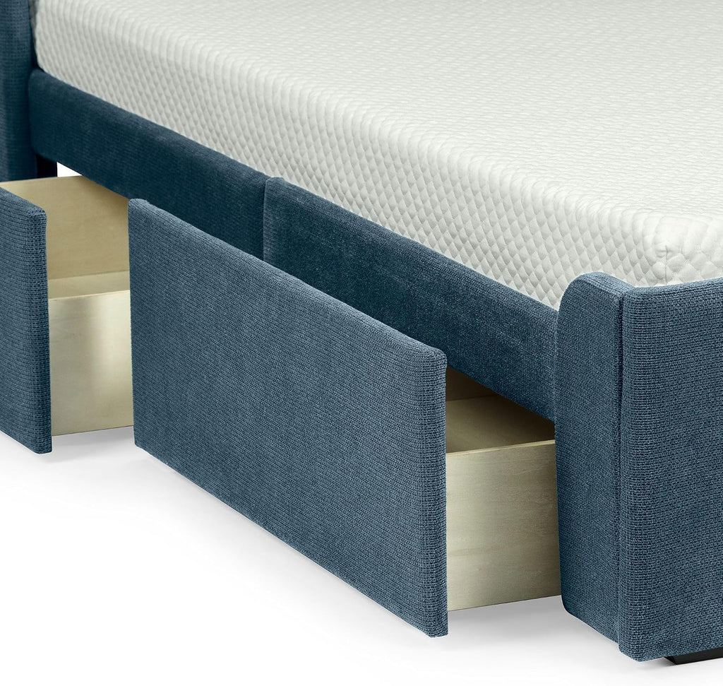 Max & Lily Upholstered Twin Bed Frame with Rectangular Headboard and Two Storage Drawers, Upholstered Platform Bed for Kids, No Box Spring Needed, Easy Assembly, Blue