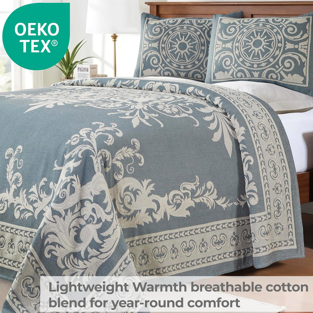 Superior Cotton Blend 2-Piece Bedspread Set, Oversized Bedspread, 1 Matching Pillow Sham, Jacquard Traditional Medallion Bedding Decor, Adalie Collection, Twin, Cerulean Blue (Pack of 2)