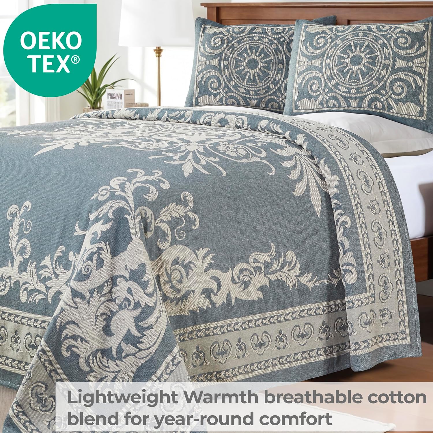 Superior Cotton Blend 2-Piece Bedspread Set, Oversized Bedspread, 1 Matching Pillow Sham, Jacquard Traditional Medallion Bedding Decor, Adalie Collection, Twin, Cerulean Blue (Pack of 2)