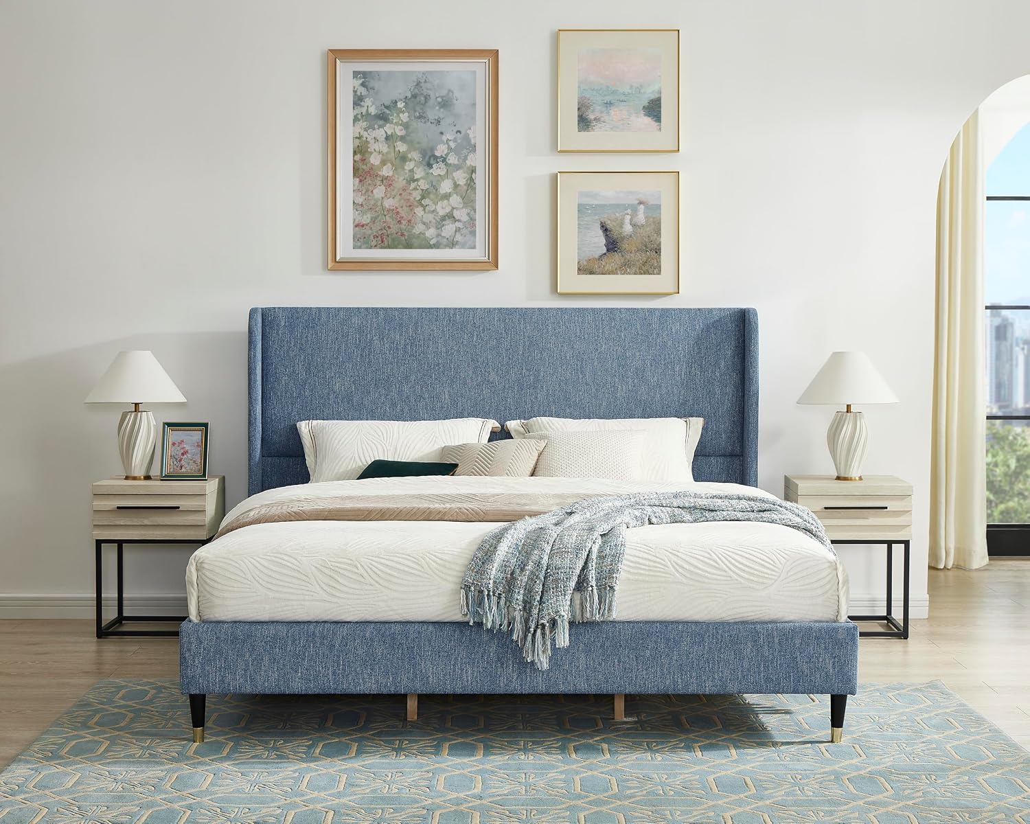 Roundhill Furniture Arles 3-Piece Upholstered Bedroom Set, Wingback Platform Bed with Two Nightstands, Blue Fabric, King