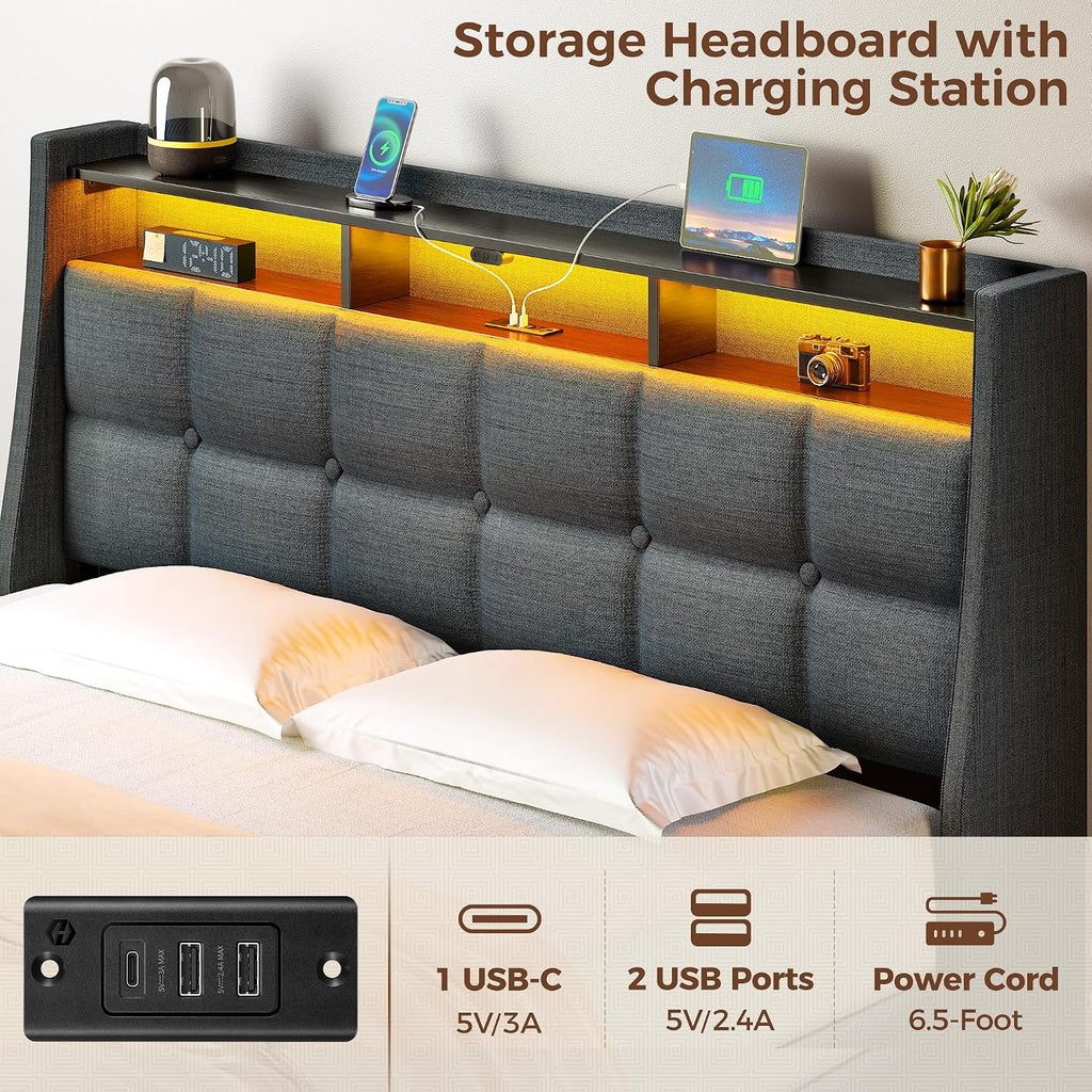 Rolanstar Queen Size Bed Frame with LED Lights and Charging Station, Upholstered Bed Storage Headboard & Drawers, Heavy Duty Wood Slats, Easy Assembly