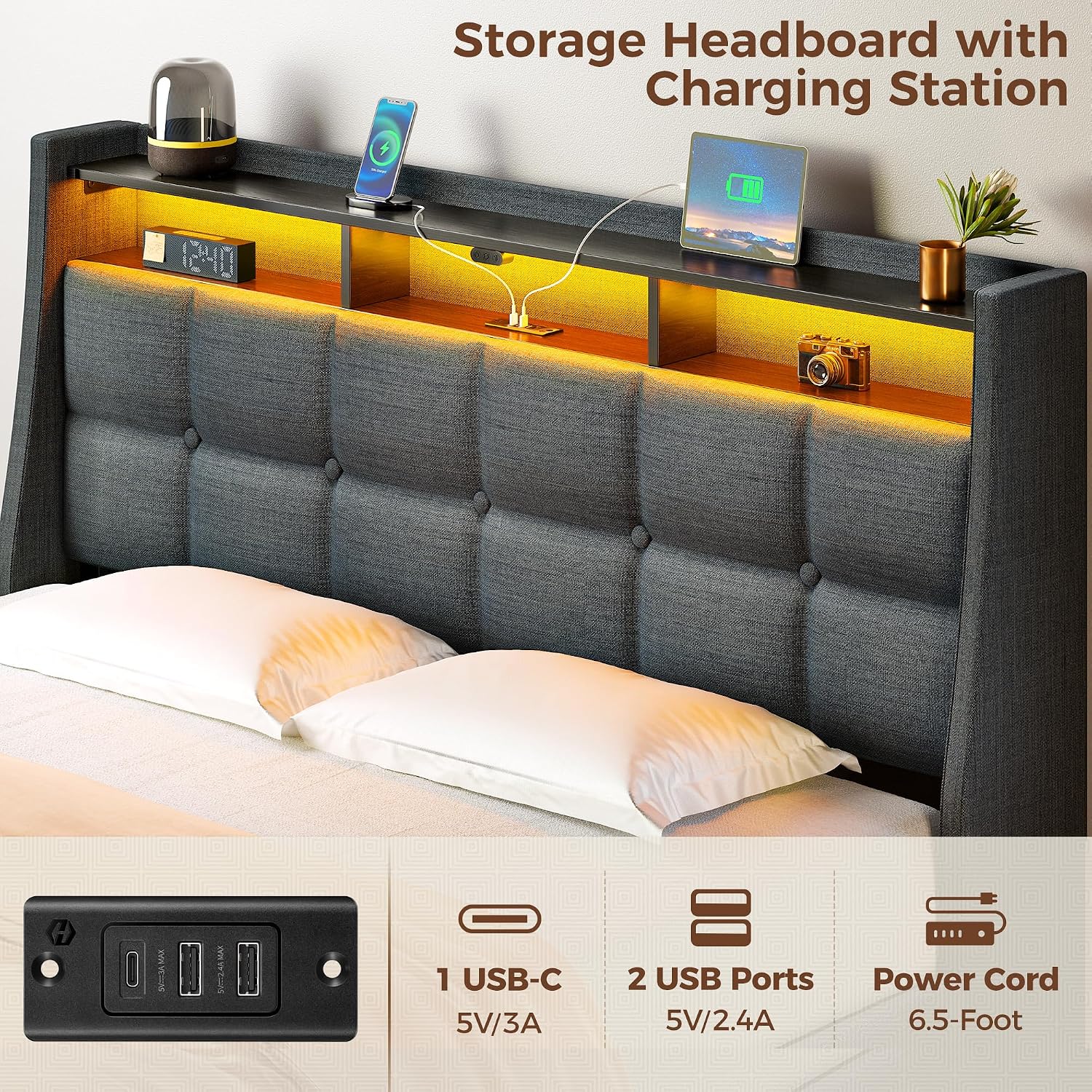 Rolanstar Queen Size Bed Frame with LED Lights and Charging Station, Upholstered Bed Storage Headboard & Drawers, Heavy Duty Wood Slats, Easy Assembly