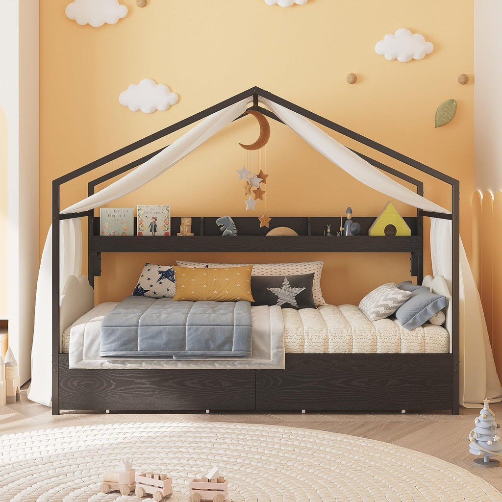 LIKIMIO Twin Corner Bed Frame with 2 Storage Drawers, DIY House Bed with Bookshelf & Curved Upholstered Headboard & Footboard, Twin Bed Frames for Bedroom, No Box Spring Needed, Black-White