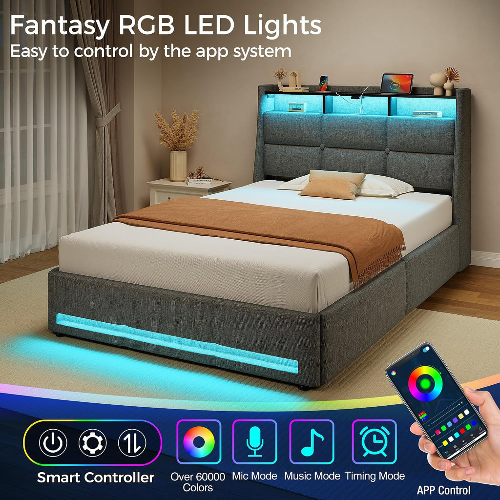 Rolanstar Twin Size Bed Frame with RGB LED Lights & Charging Station, Upholstered Storage Headboard with 4 Drawers, Heavy Duty Metal Frame, No Box Spring Needed, Easy Assembly, Light Grey