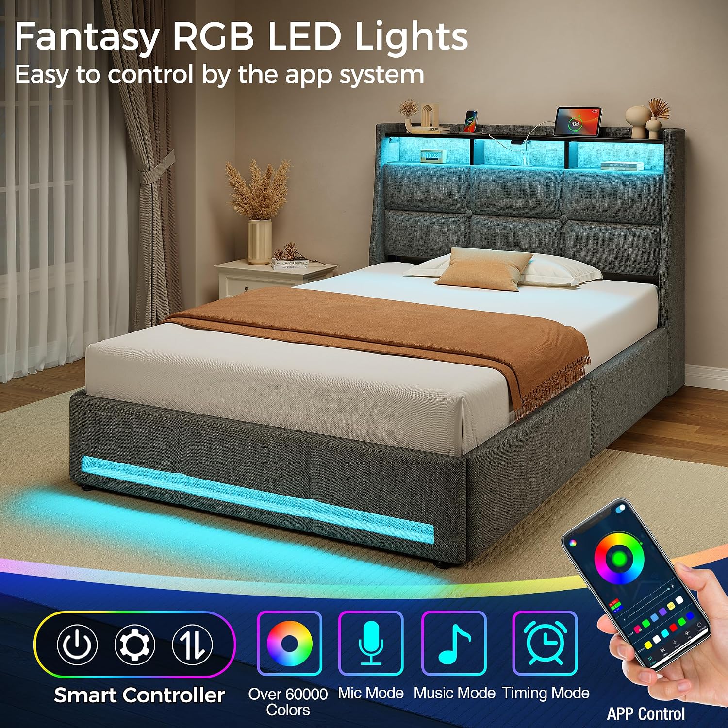 Rolanstar Twin Size Bed Frame with RGB LED Lights & Charging Station, Upholstered Storage Headboard with 4 Drawers, Heavy Duty Metal Frame, No Box Spring Needed, Easy Assembly, Light Grey