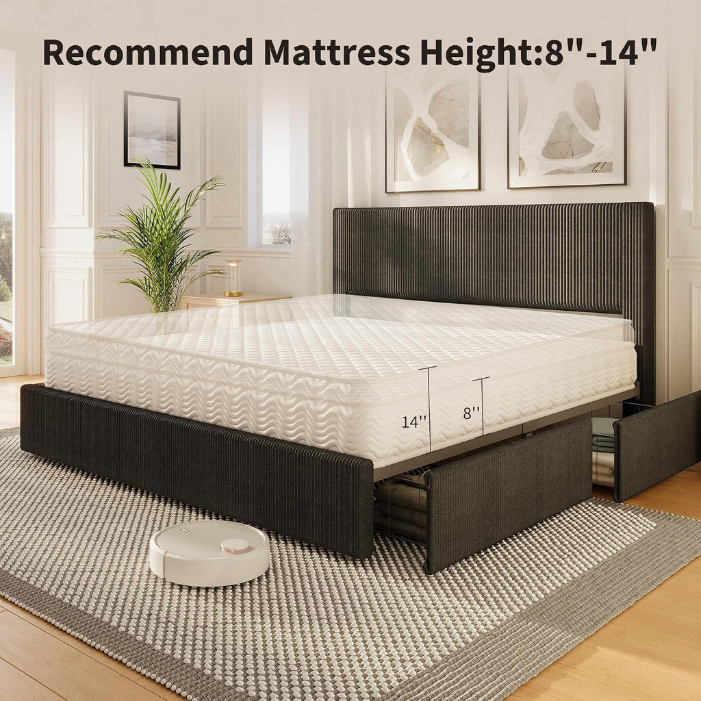 IDEALHOUSE King Size Bed Frame with Tufted Wingback Headboard, Platform Corduroy Upholstered Bed Frame with 4 Storage Drawers and Wooden Slats Support, No Box Spring Needed, Black