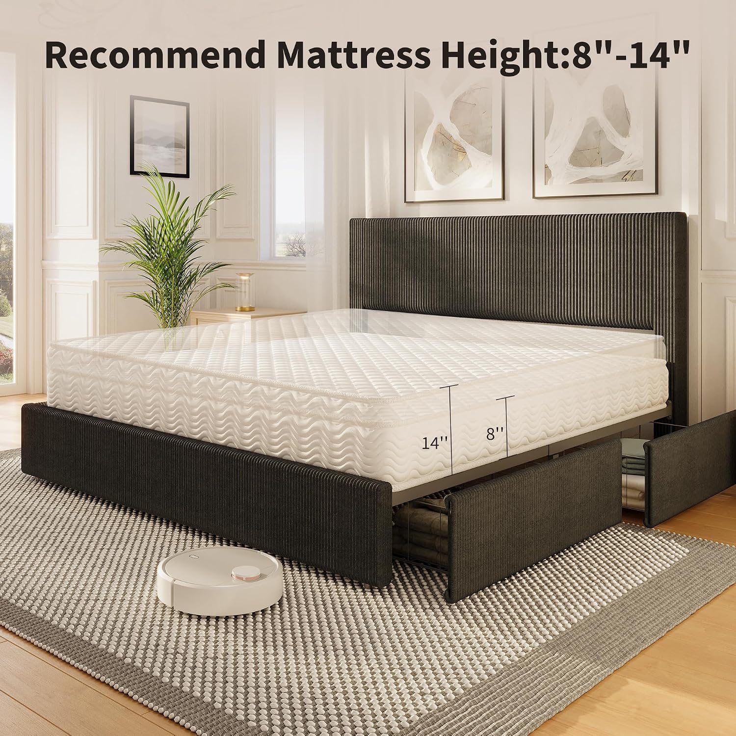 IDEALHOUSE King Size Bed Frame with Tufted Wingback Headboard, Platform Corduroy Upholstered Bed Frame with 4 Storage Drawers and Wooden Slats Support, No Box Spring Needed, Black