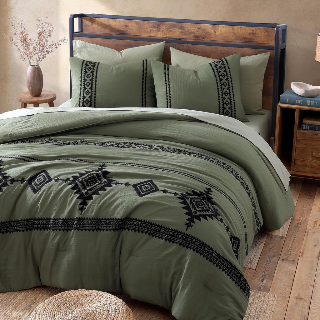 MaiRêve Super King Plus Comforter Set Dark Olive Green, Embroidery Western Boho Bedding Set 7 Pieces, All Season Farmhouse Bed in A Bag Comforter Set with Sheets, Pillowcases & Shams