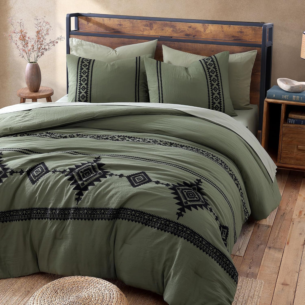 MaiRêve Super King Comforter Set Dark Olive Green, Embroidery Western Boho Bedding Set 7 Pieces, All Season Farmhouse Bed in A Bag Comforter Set with Sheets, Pillowcases & Shams