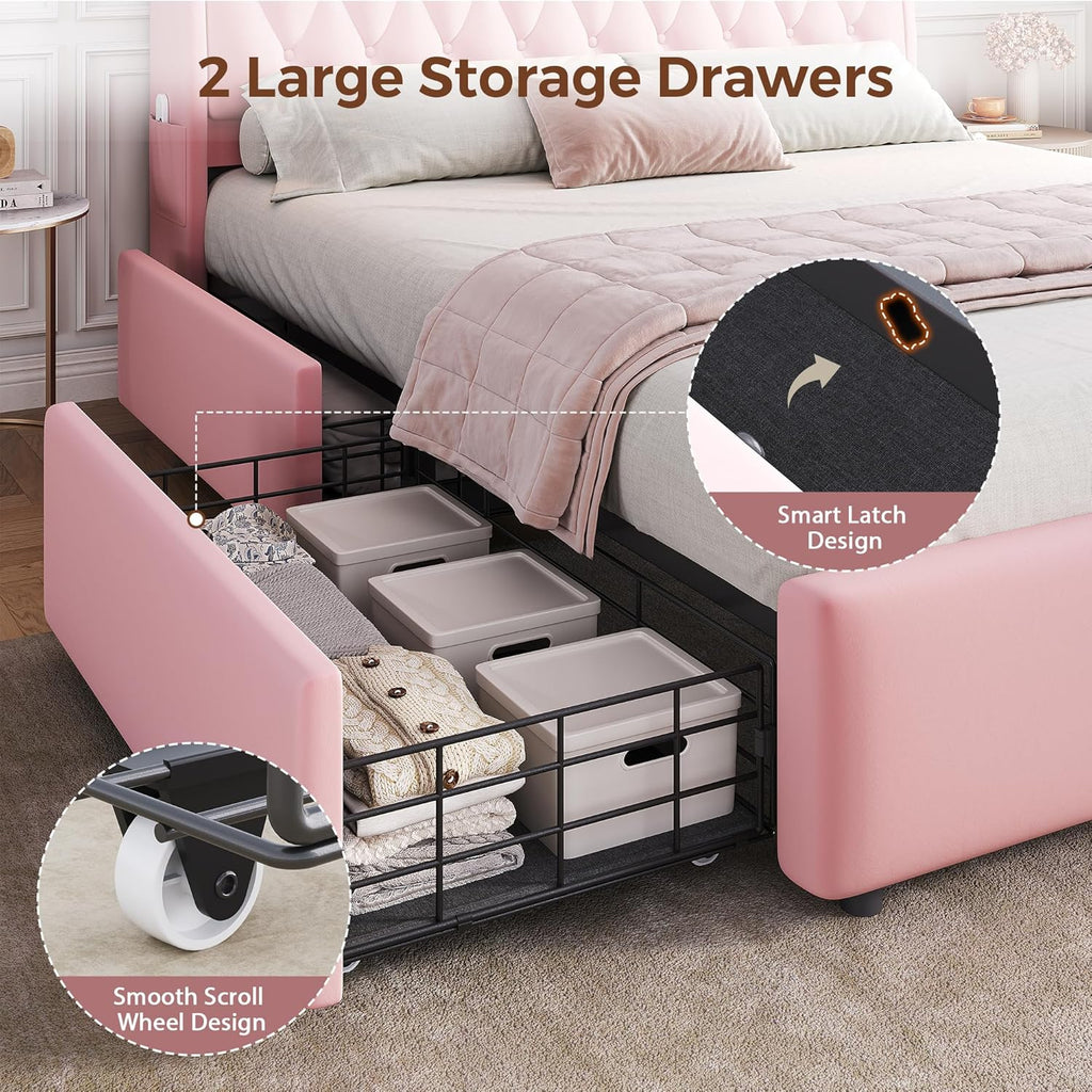 Full LED Velvet Bed Frame with 2 Storage Drawers&Hidden Headboard, Upholstered Platform Bed with Charging Station&Button Tufted Design, Wooden Slats Support, Box Spring Optional, Easy Assembly, Pink