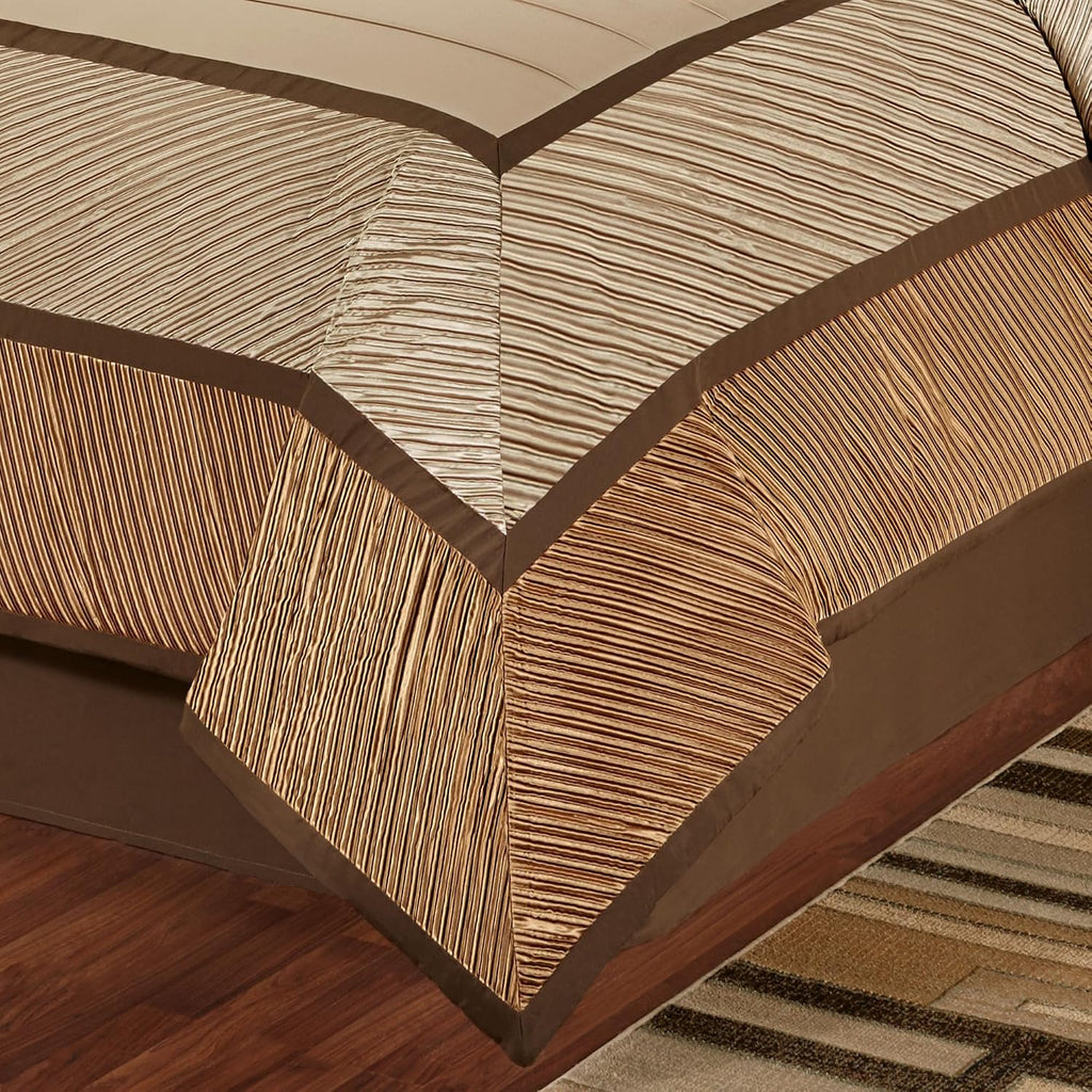 Delta Contemporary Oversized Luxury Bedding | Champagne Gold, Golden Bronze, Dark Bronze | Pleated Polyester Satin | Silky | 4 Piece Bed Set: Queen Comforter, Bedskirt, and 2 Standard Shams