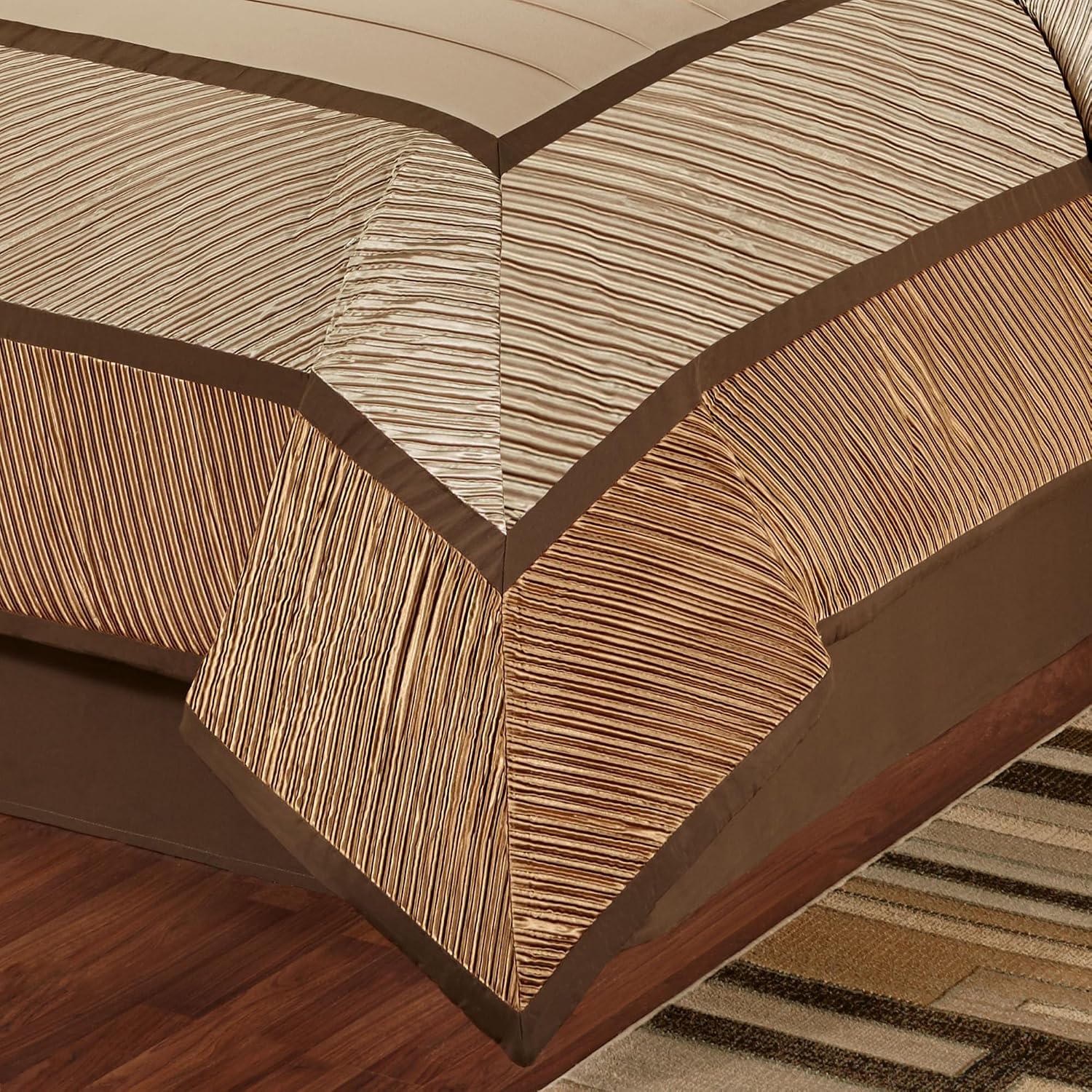 Delta Contemporary Oversized Luxury Bedding | Champagne Gold, Golden Bronze, Dark Bronze | Pleated Polyester Satin | Silky | 4 Piece Bed Set: Queen Comforter, Bedskirt, and 2 Standard Shams