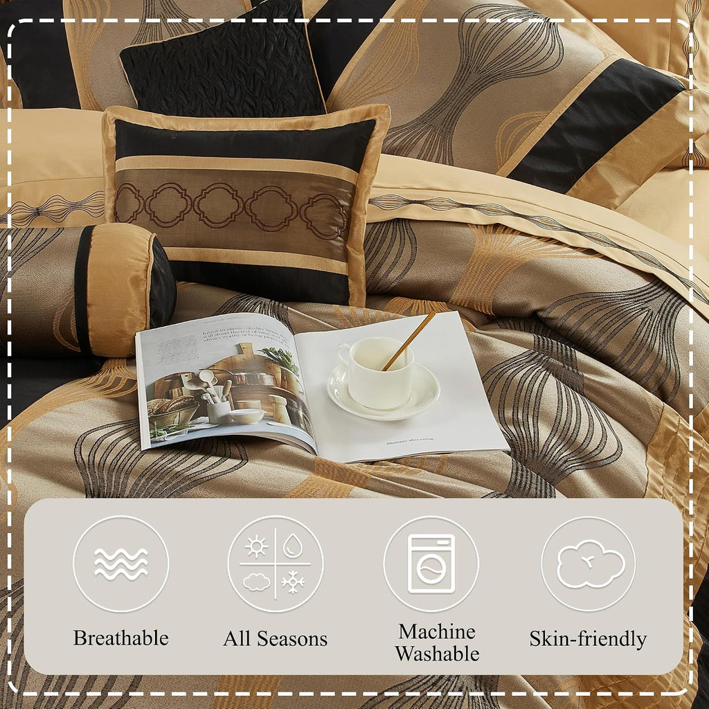 Stratford Park Black King Size Comforter Set, 7 Pieces Jacquard Bedding Sets with Comforter, Bed Skirt, Pillows & Shams, Lightweight Microfiber, Black and Gold, All Season Bedroom Home Décor