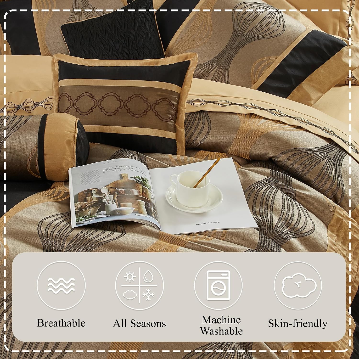 Stratford Park Black King Size Comforter Set, 7 Pieces Jacquard Bedding Sets with Comforter, Bed Skirt, Pillows & Shams, Lightweight Microfiber, Black and Gold, All Season Bedroom Home Décor