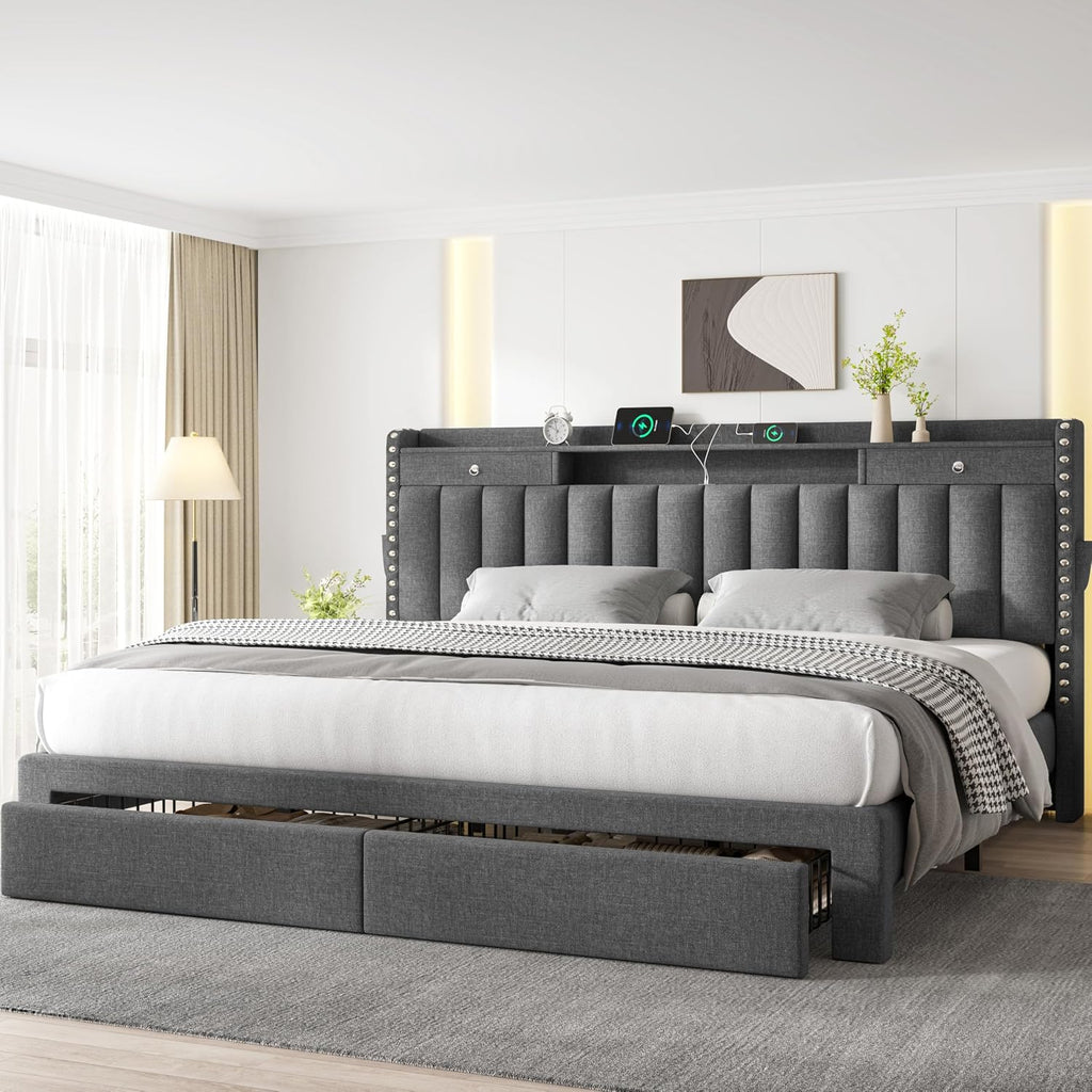 CypBed King Size Bed Frame with 4 Storage Drawers, Upholstered Platform King Bed Frame and Headboard, 3 USB & Type-C Charging Ports, Solid Wood Slats, No Box Spring Needed, No-Noise, Dark Grey,Gifts