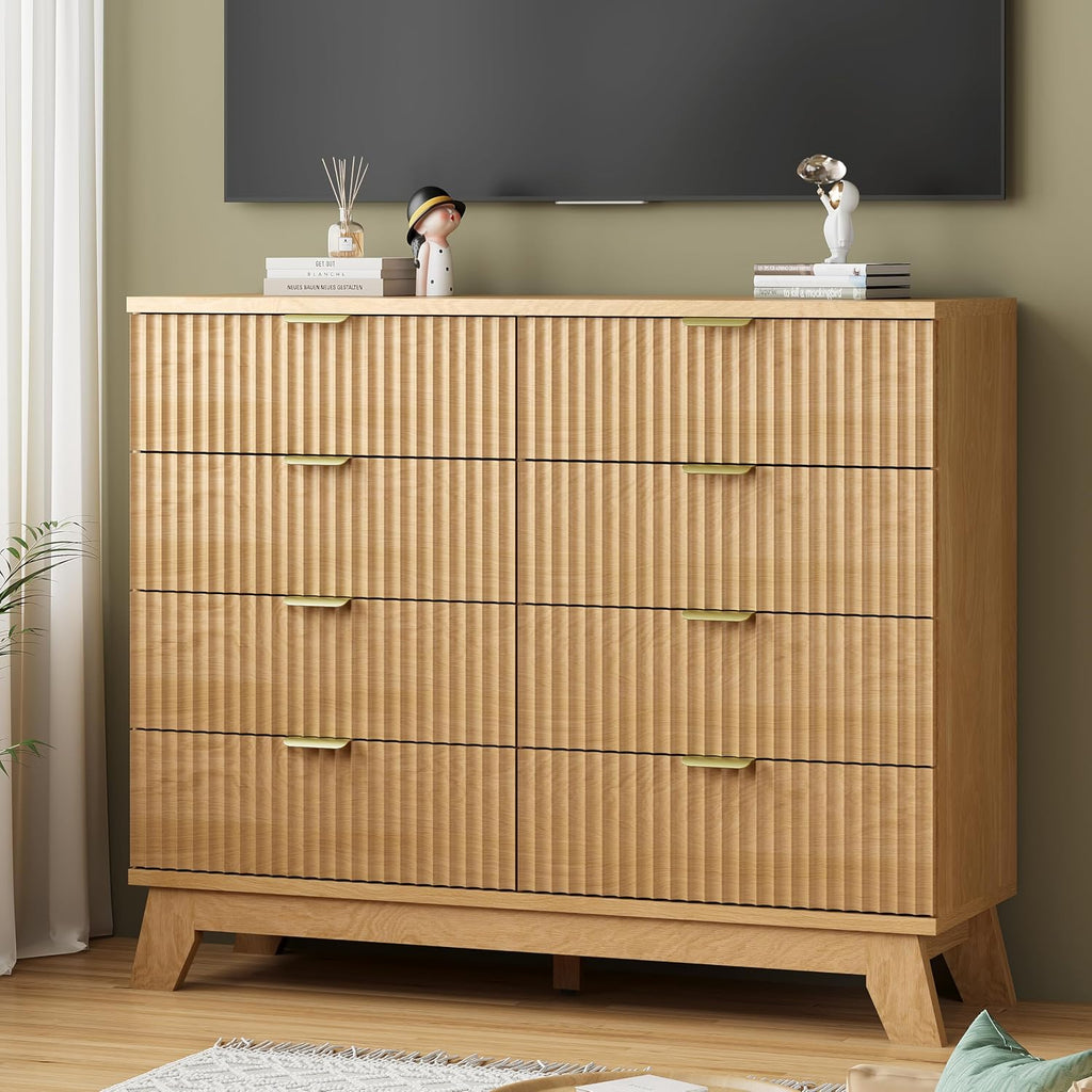 Fluted Dresser for Bedroom with 8 Drawers, 48' Wide Modern Chest of Drawers with Metal Handle, Wooden Dresser TV Stand, Wood Closet Clothes Storage Organizer for Living Room, Hallway, Natural Oak