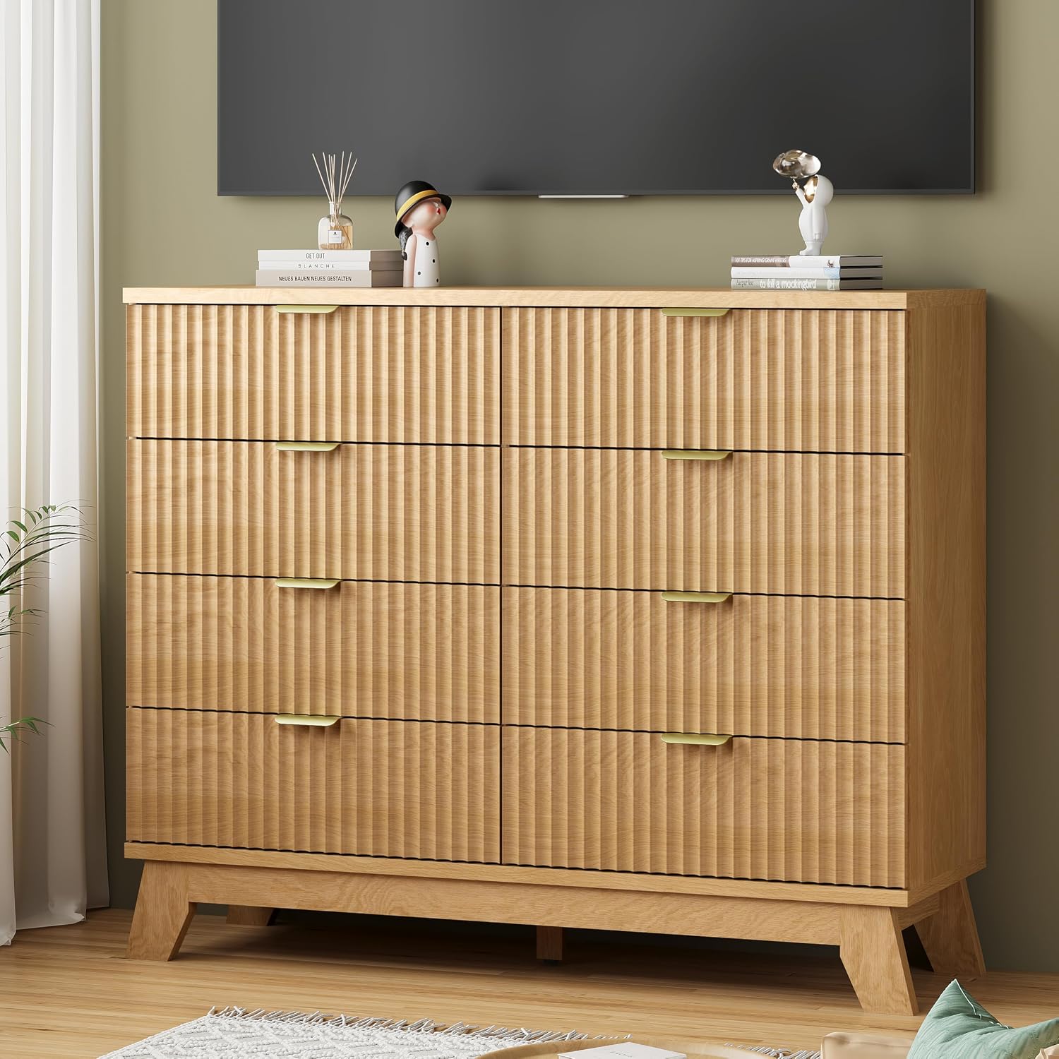 Fluted Dresser for Bedroom with 8 Drawers, 48' Wide Modern Chest of Drawers with Metal Handle, Wooden Dresser TV Stand, Wood Closet Clothes Storage Organizer for Living Room, Hallway, Natural Oak