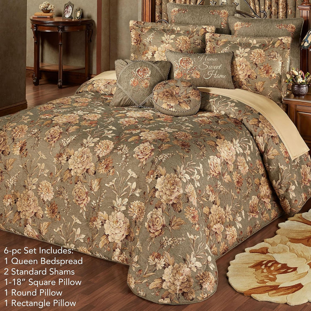 Rhapsody Floral Luxury Bedding | 6 Piece Oversized Bedspread Set: Queen Bedspread, 2 Standard Shams, Round Pillow, 18' Square Pillow, Rectangle Pillow | Sophisticated | Flower | Woven | Traditional
