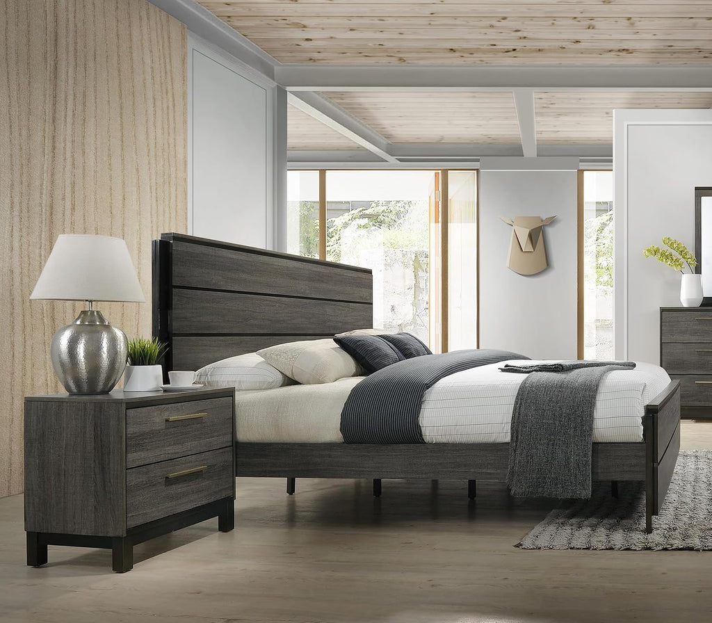 Roundhill Furniture Ioana Antique Grey Finish 3-Piece Wood Bed Room Set, Queen Size Bed and Two Nightstands