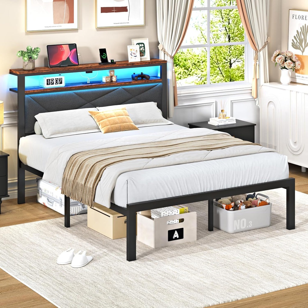 ChicZhiNest Full Size Bed Frame with 2 Tier Upholstered Storage Headboard and Under Bed Storage,Platform Bedframe with LED Lights and Charging Station, No Box Spring Needed,Easy Assembly,Grey