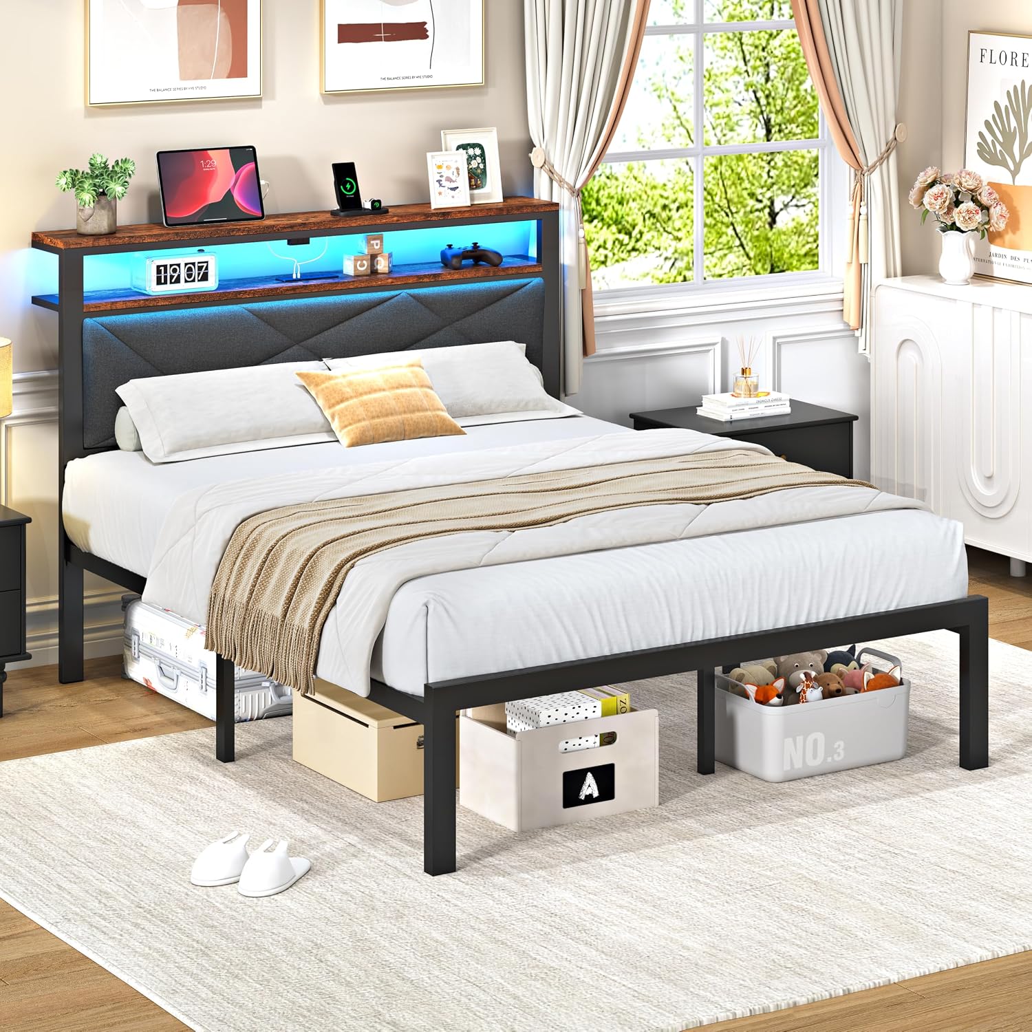 ChicZhiNest Full Size Bed Frame with 2 Tier Upholstered Storage Headboard and Under Bed Storage,Platform Bedframe with LED Lights and Charging Station, No Box Spring Needed,Easy Assembly,Grey