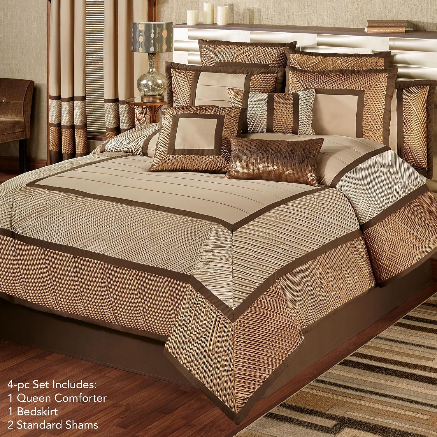 Delta Contemporary Oversized Luxury Bedding | Champagne Gold, Golden Bronze, Dark Bronze | Pleated Polyester Satin | Silky | 4 Piece Bed Set: Queen Comforter, Bedskirt, and 2 Standard Shams