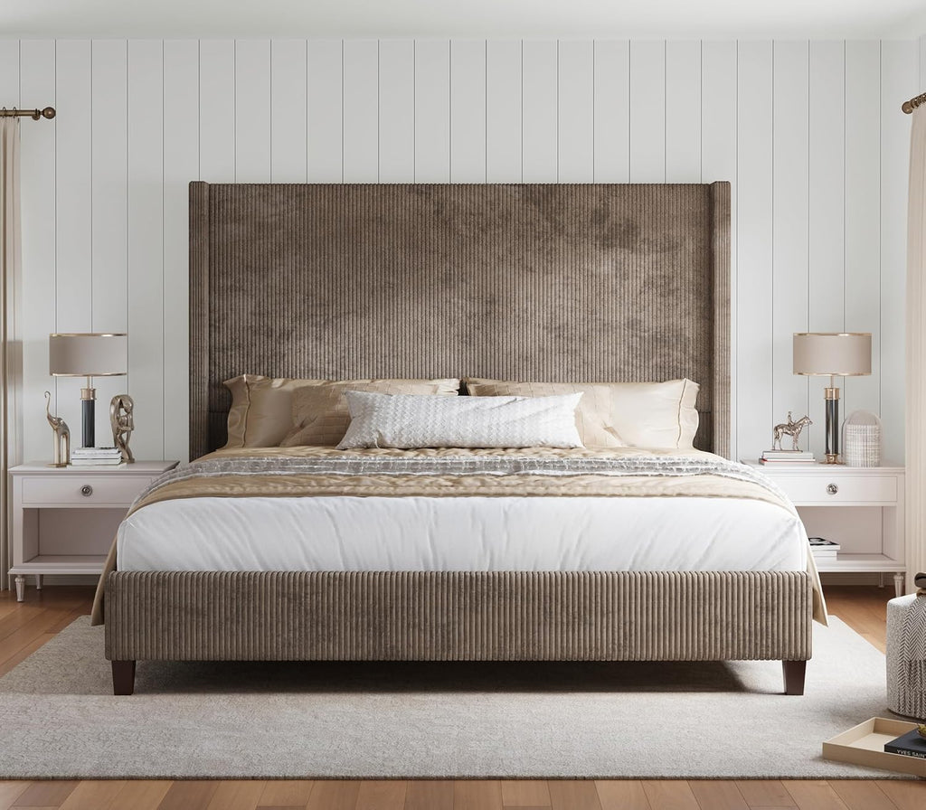 HOWE King Size Bed Frame with 61.4' Extra Tall Headboard, Corduroy Upholstered Bed with Vertical Wingback Headboard, No Box Spring Needed/Noise Free/Solid Wood Slats & Legs/Brown