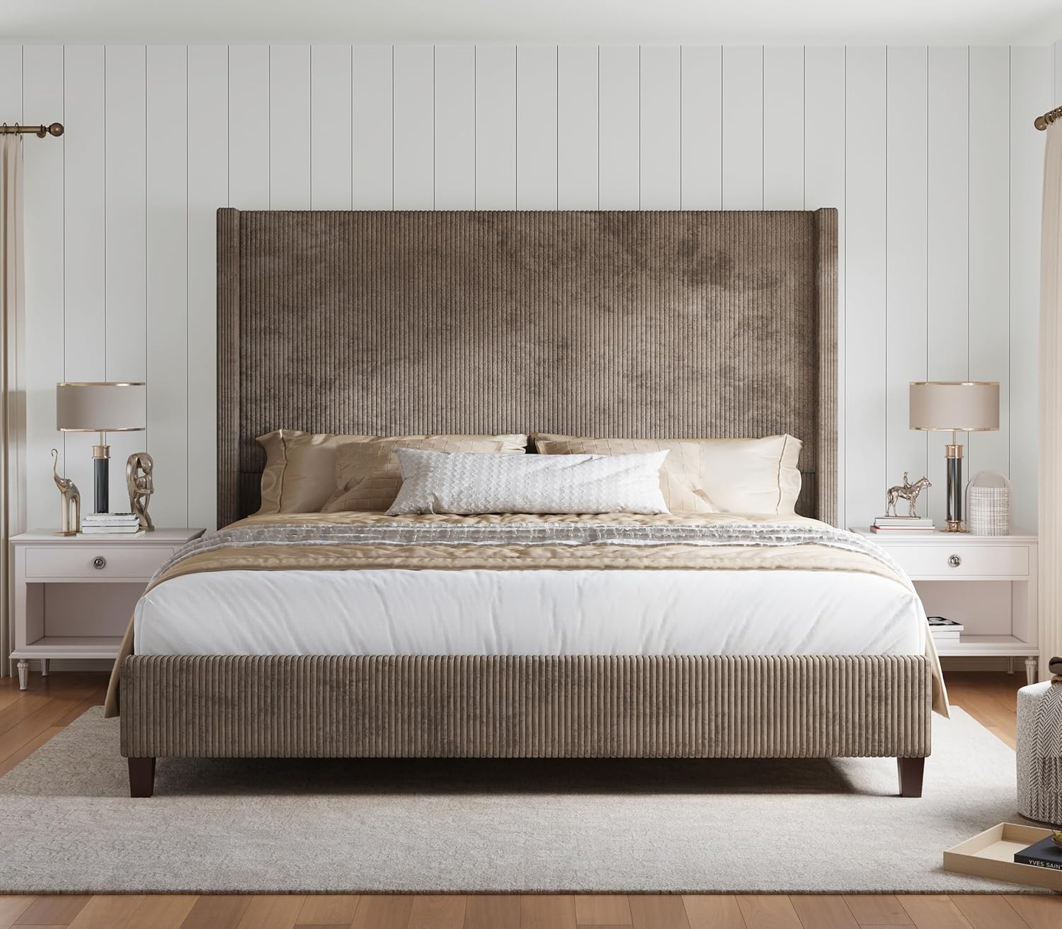 HOWE Queen Bed Frame with 61.4' Extra Tall Headboard, Corduroy Upholstered Bed with Vertical Wingback Headboard, No Box Spring Needed/Noise Free/Solid Wood Slats/Brown