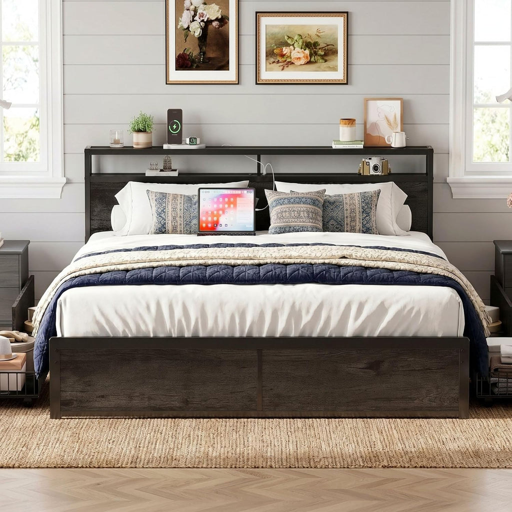 LIKIMIO King Size Bed Frame with 4 Storage Drawers, 2-Tier Storage Headboard with Charging Station, Double Bed Frame King Size for Bedroom, No Box Spring Needed, Easy Assembly, Charcoal Grey